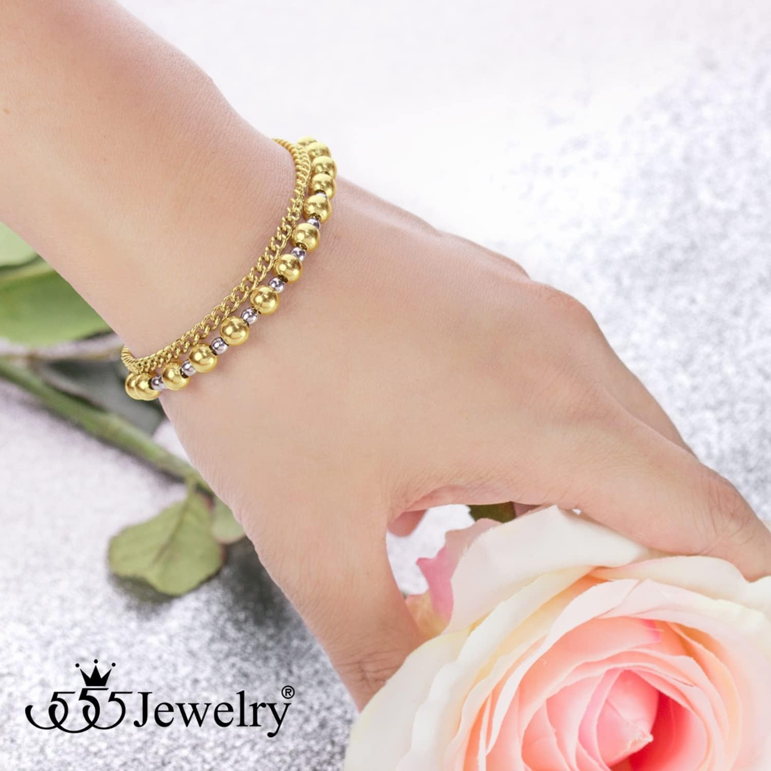 image:image555Jewelry Stainless Steel Ball Bead amp Chain Wrap Bracelet for Women amp Ladies 7 Inch 1 Inch ExtensionGoldSilver