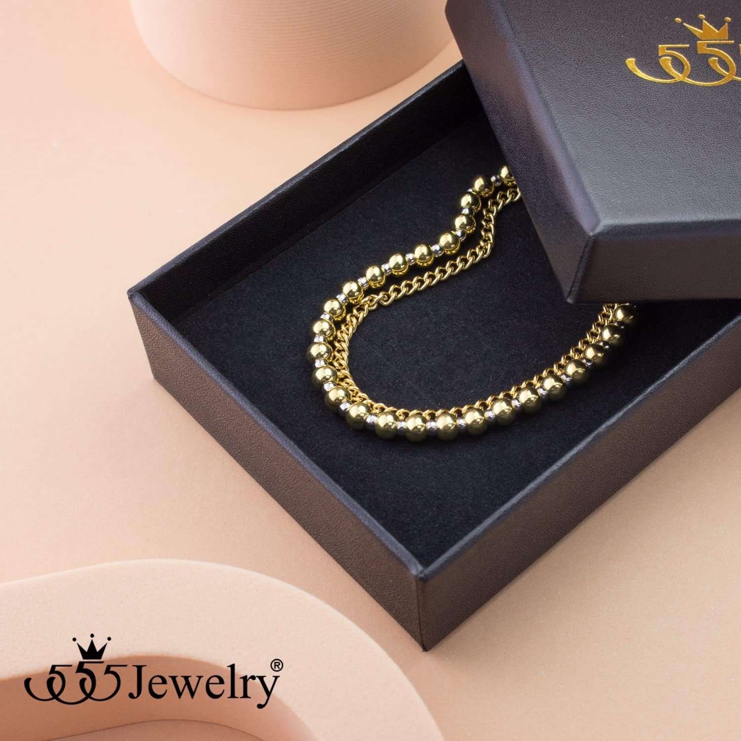 image:image555Jewelry Stainless Steel Ball Bead amp Chain Wrap Bracelet for Women amp Ladies 7 Inch 1 Inch ExtensionGoldSilver