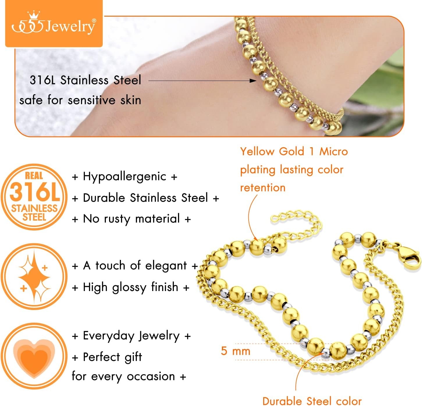 image:image555Jewelry Stainless Steel Ball Bead amp Chain Wrap Bracelet for Women amp Ladies 7 Inch 1 Inch ExtensionGoldSilver