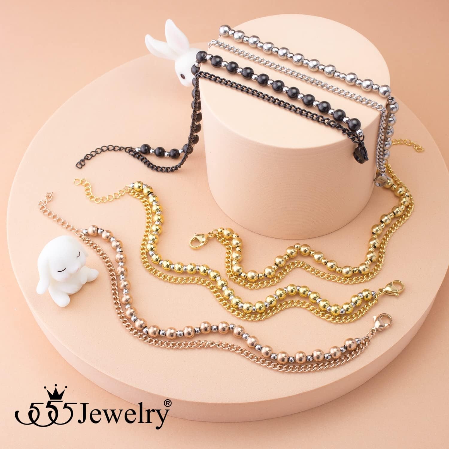 image:image555Jewelry Stainless Steel Ball Bead amp Chain Wrap Bracelet for Women amp Ladies 7 Inch 1 Inch ExtensionRose GoldSilver