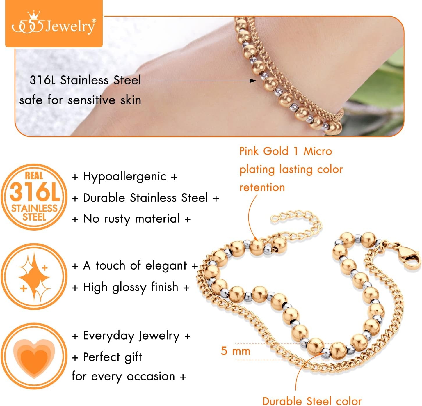 image:image555Jewelry Stainless Steel Ball Bead amp Chain Wrap Bracelet for Women amp Ladies 7 Inch 1 Inch ExtensionRose GoldSilver