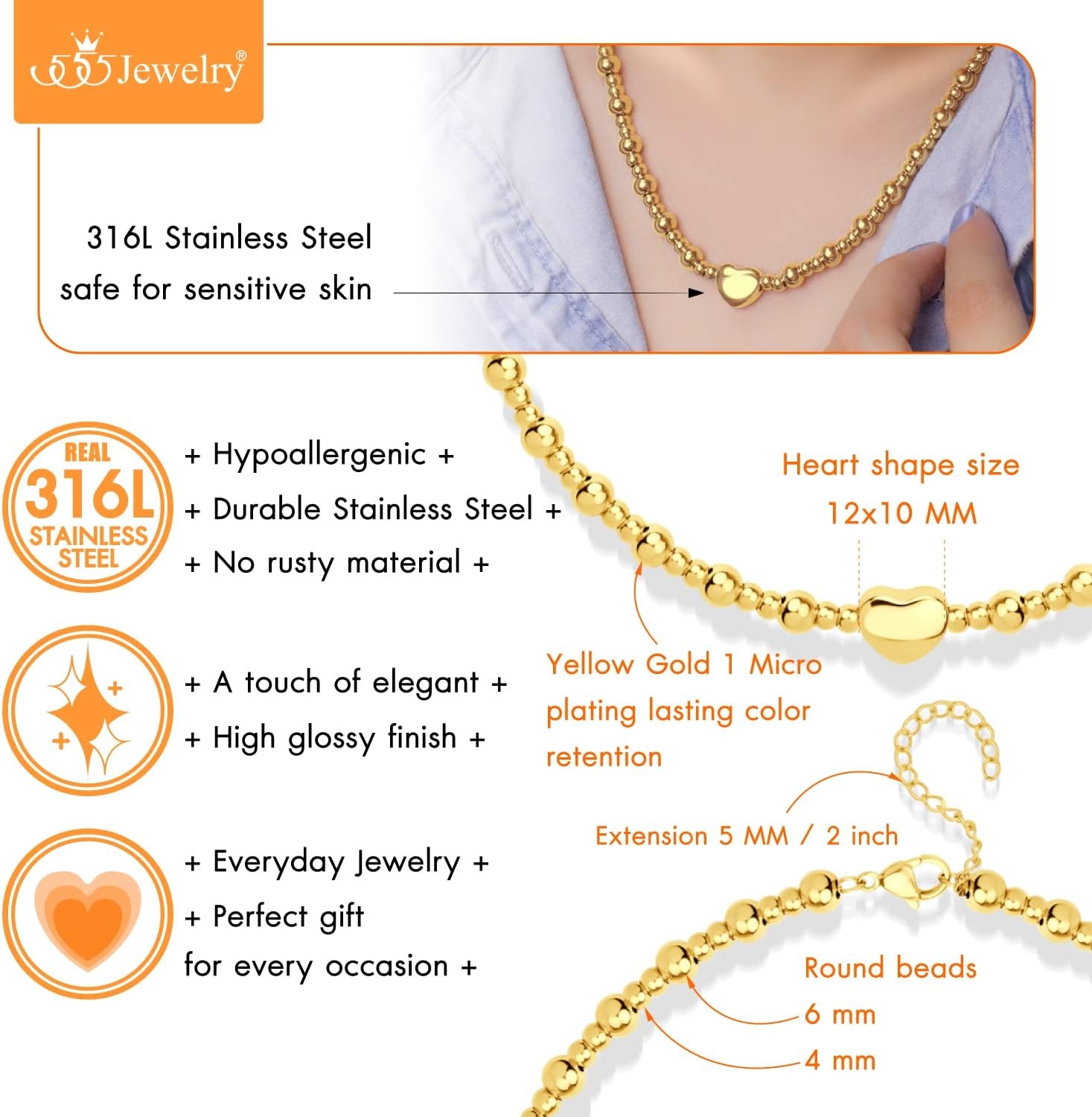 image:image555Jewelry Stainless Steel Ball Beaded Heart Necklace for Women amp LadiesGold
