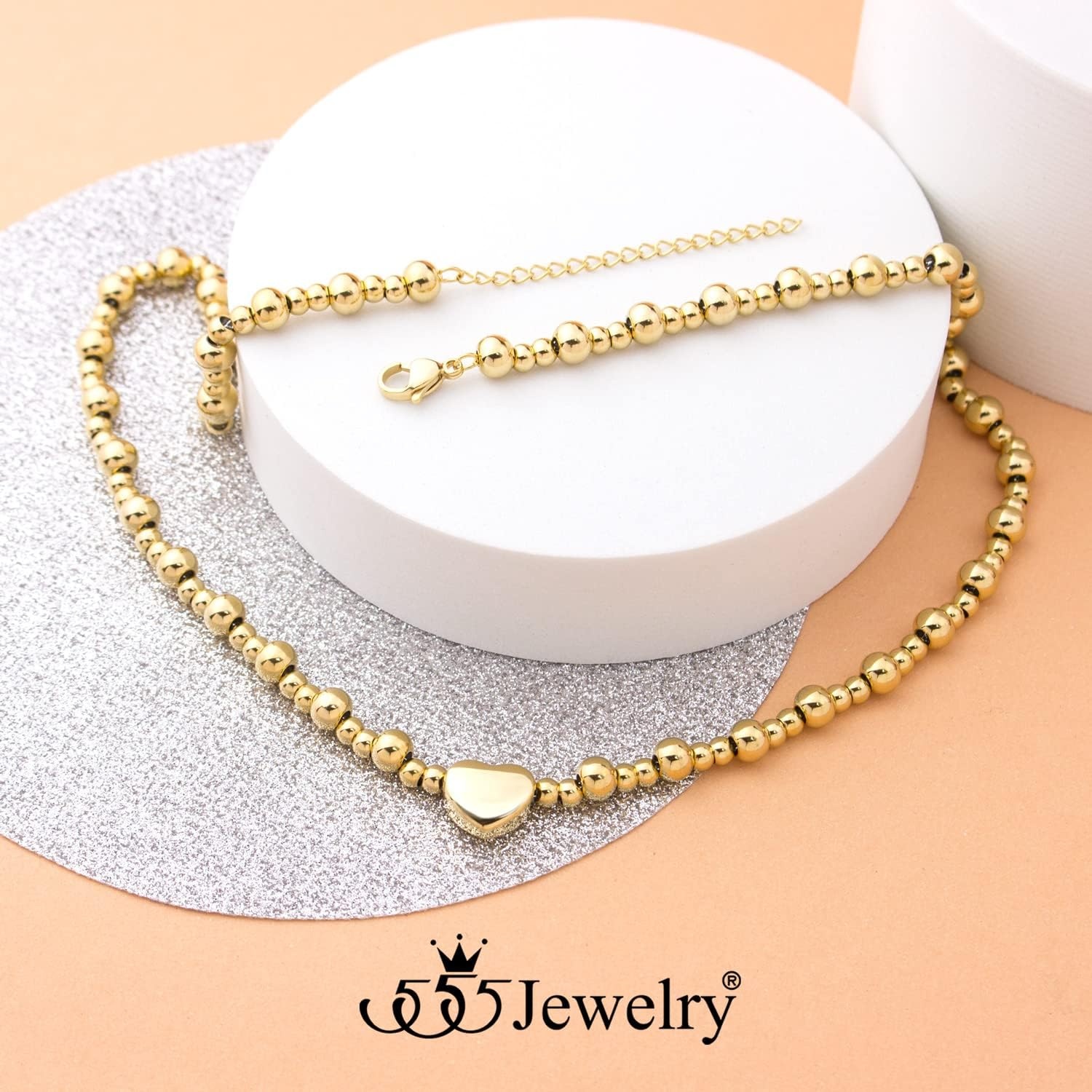 image:image555Jewelry Stainless Steel Ball Beaded Heart Necklace for Women amp LadiesGold
