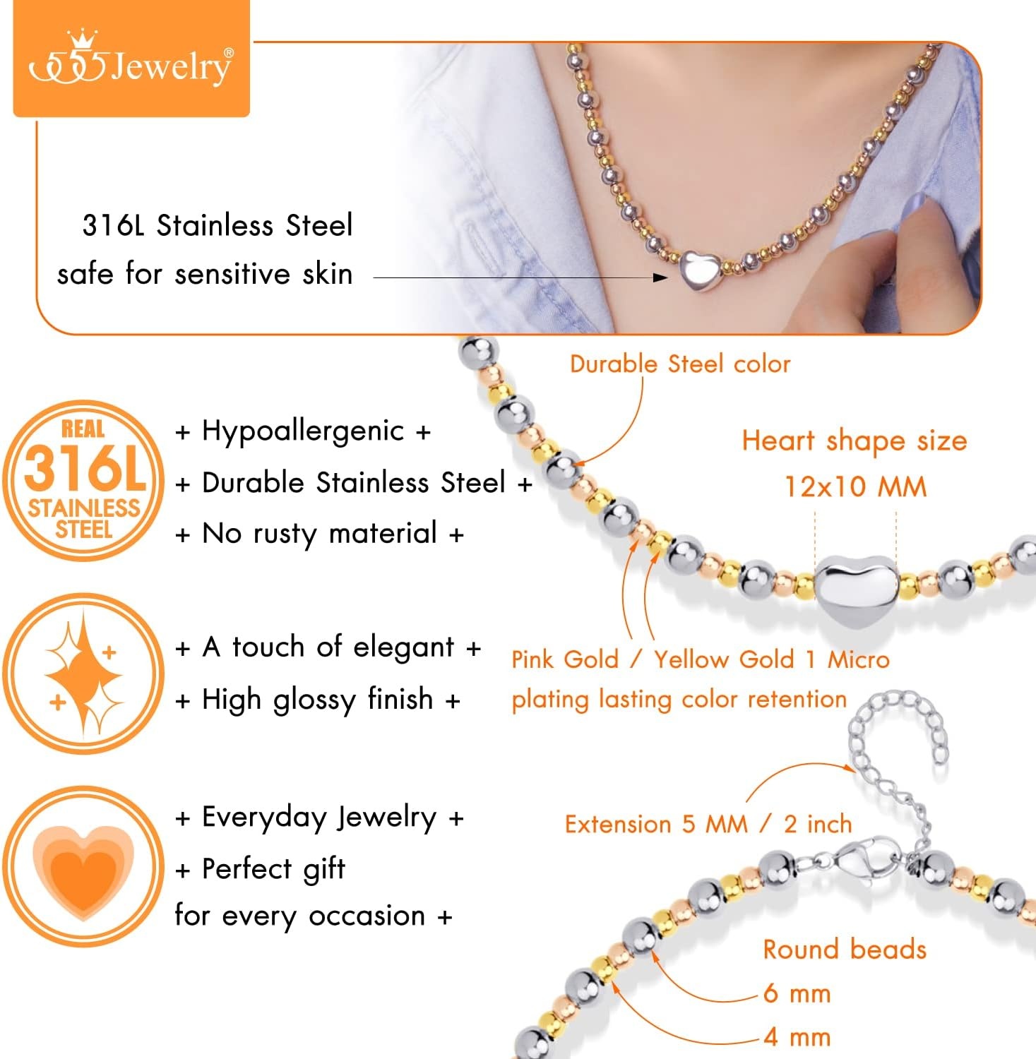 image:image555Jewelry Stainless Steel Ball Beaded Heart Necklace for Women amp LadiesMulticolor