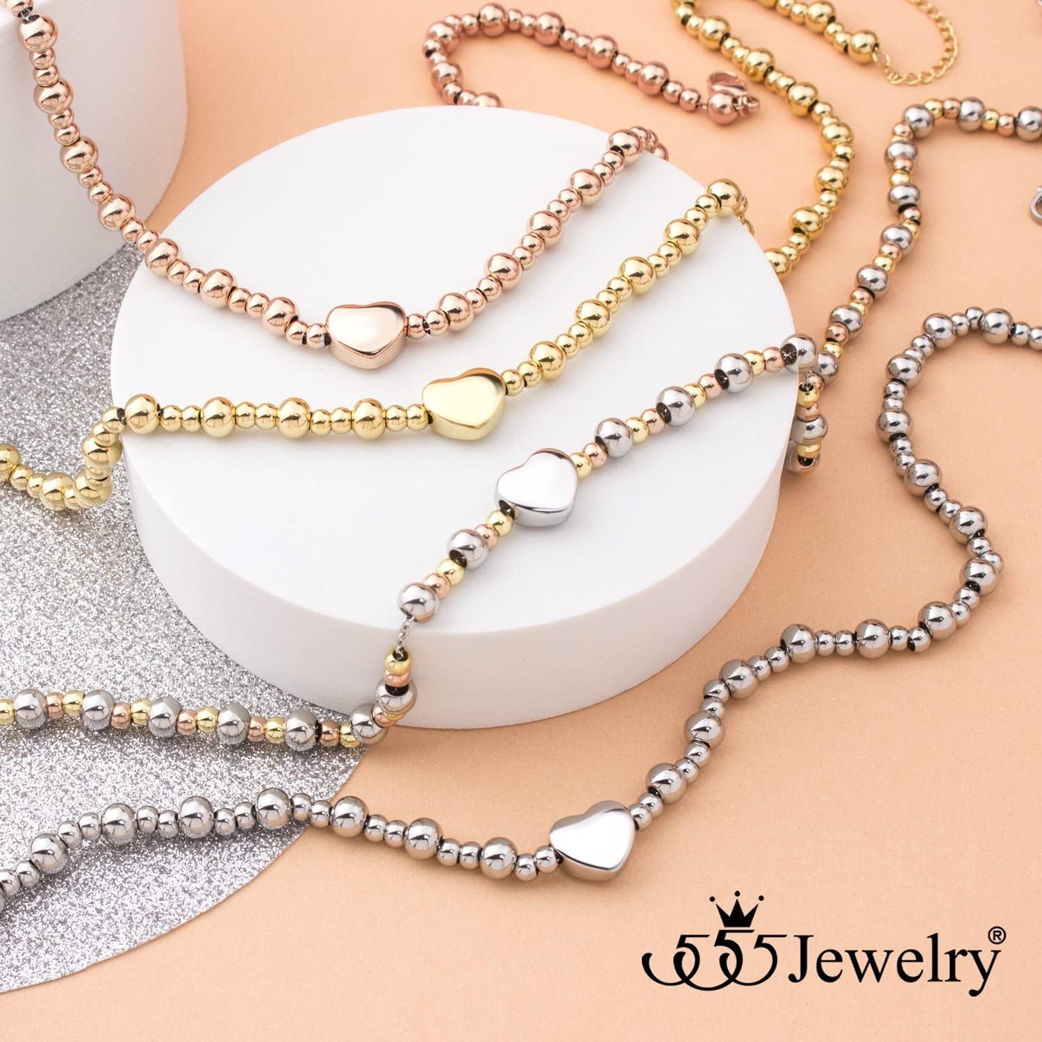image:image555Jewelry Stainless Steel Ball Beaded Heart Necklace for Women amp LadiesMulticolor