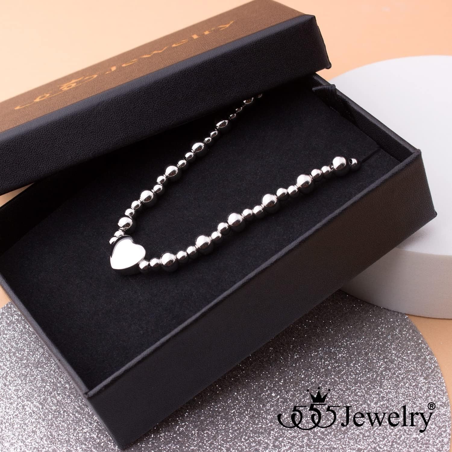 image:image555Jewelry Stainless Steel Ball Beaded Heart Necklace for Women amp LadiesSilver