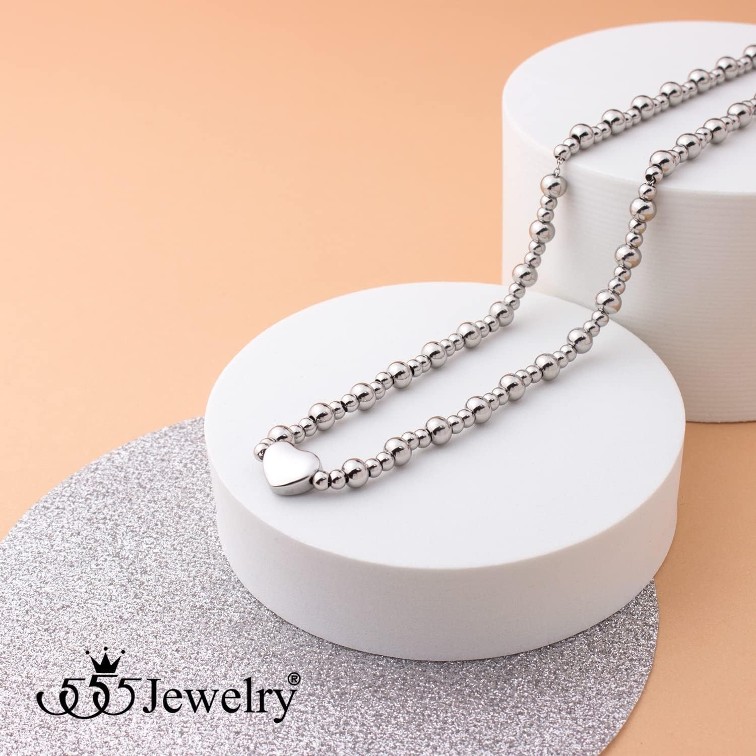 image:image555Jewelry Stainless Steel Ball Beaded Heart Necklace for Women amp LadiesSilver