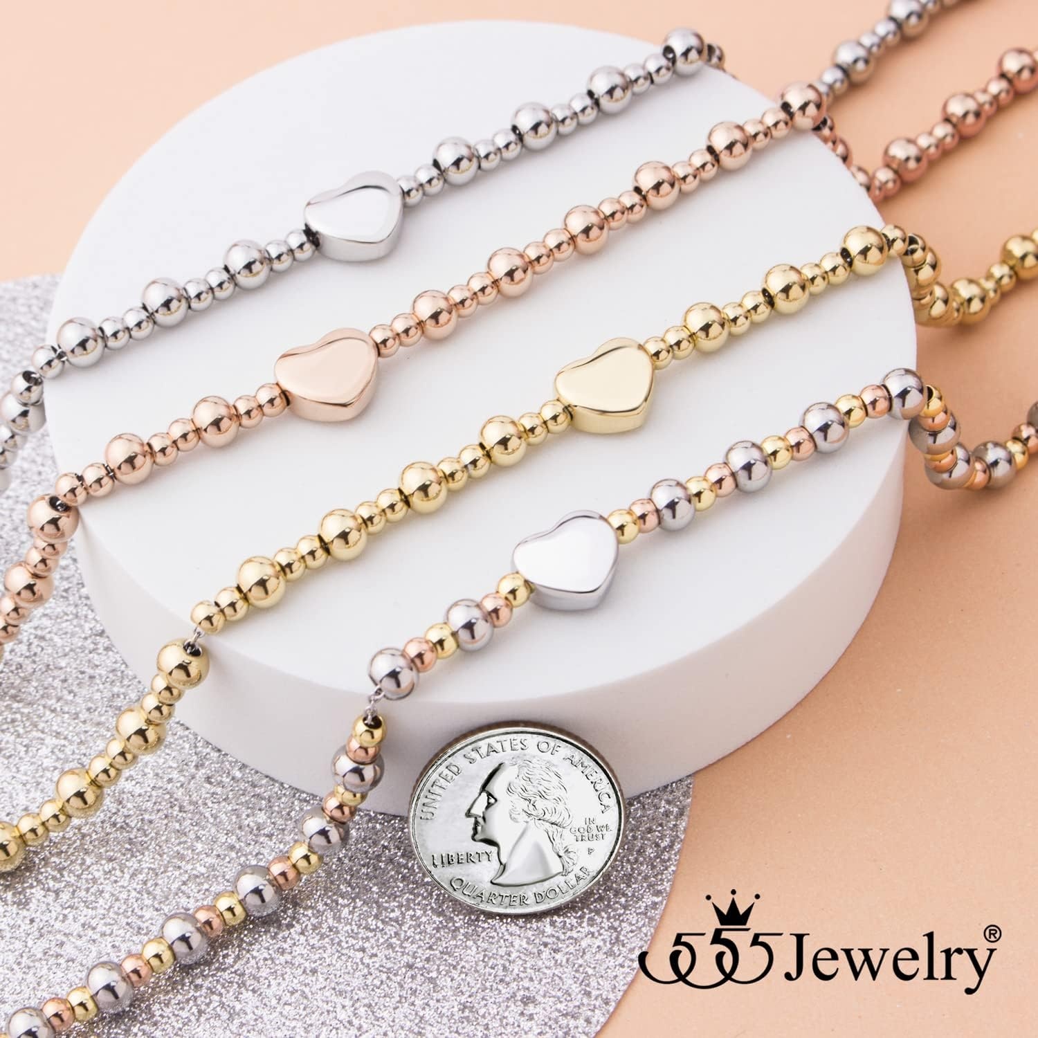 image:image555Jewelry Stainless Steel Ball Beaded Heart Necklace for Women amp LadiesSilver