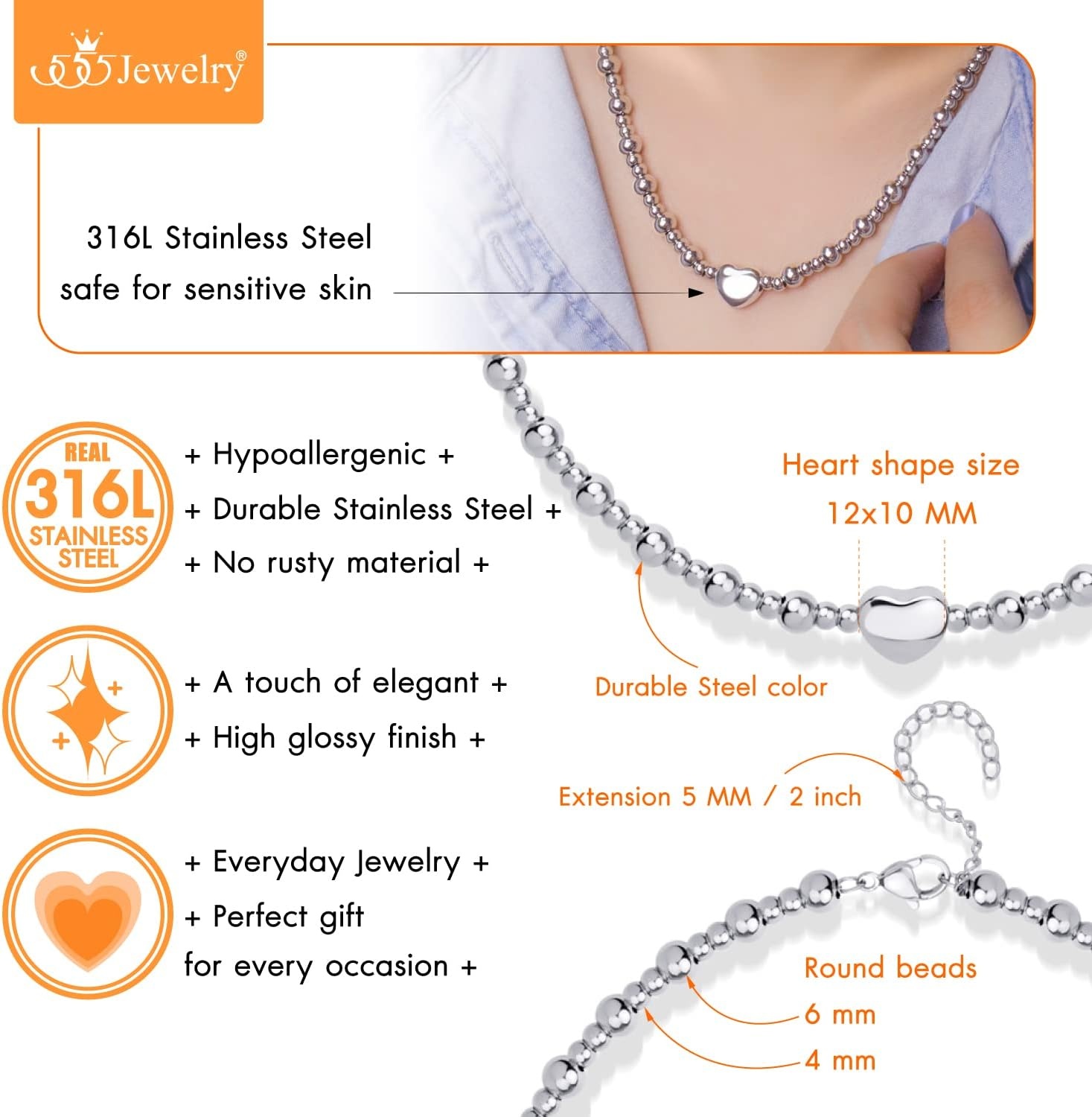 image:image555Jewelry Stainless Steel Ball Beaded Heart Necklace for Women amp LadiesSilver