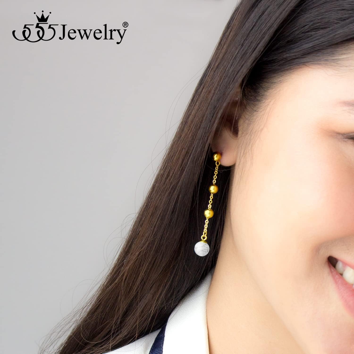 image:image555Jewelry Stainless Steel Beaded Dangle HowliteTurquoise Stud Earrings for WomenGold Howlite