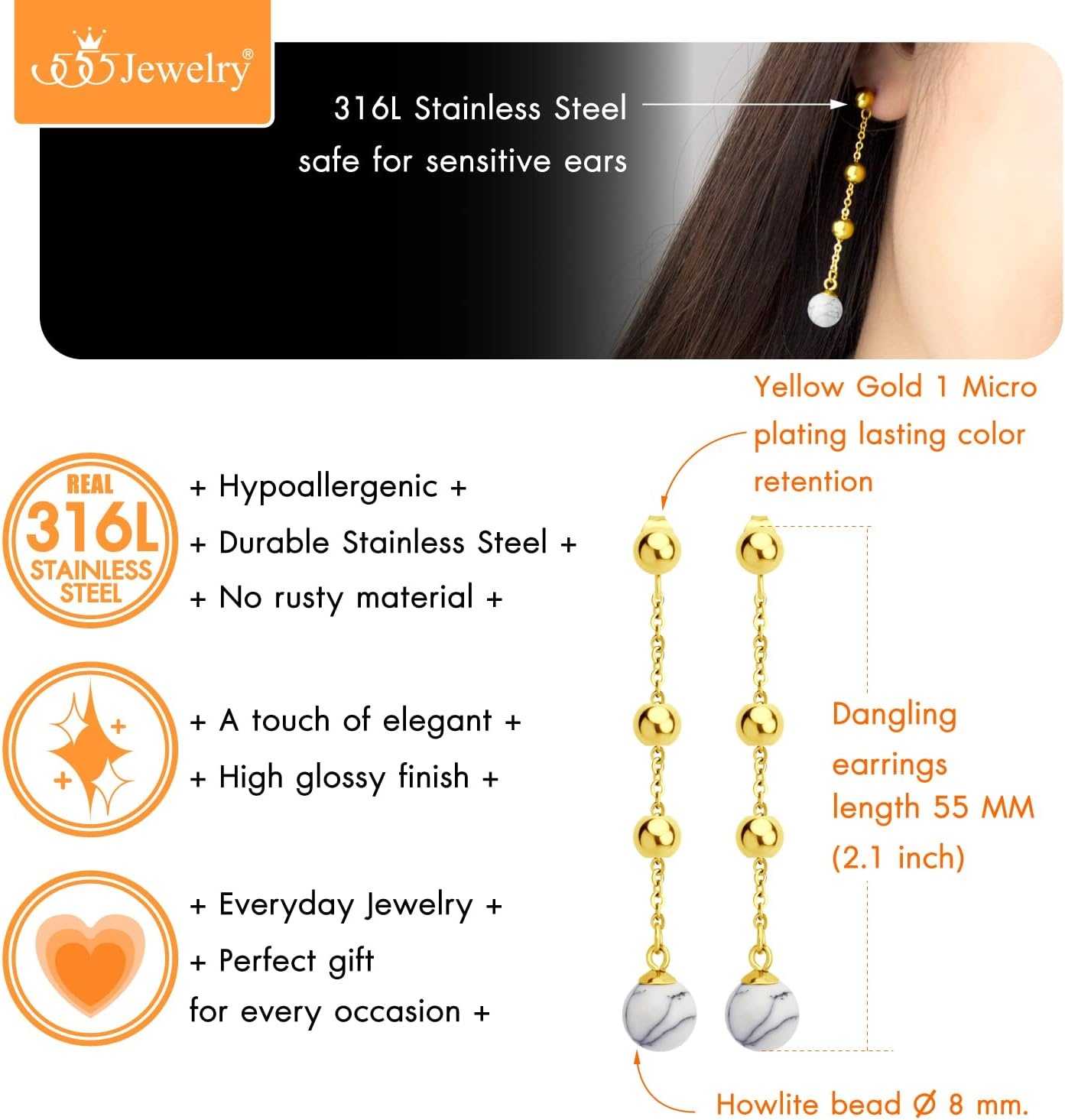 image:image555Jewelry Stainless Steel Beaded Dangle HowliteTurquoise Stud Earrings for WomenGold Howlite