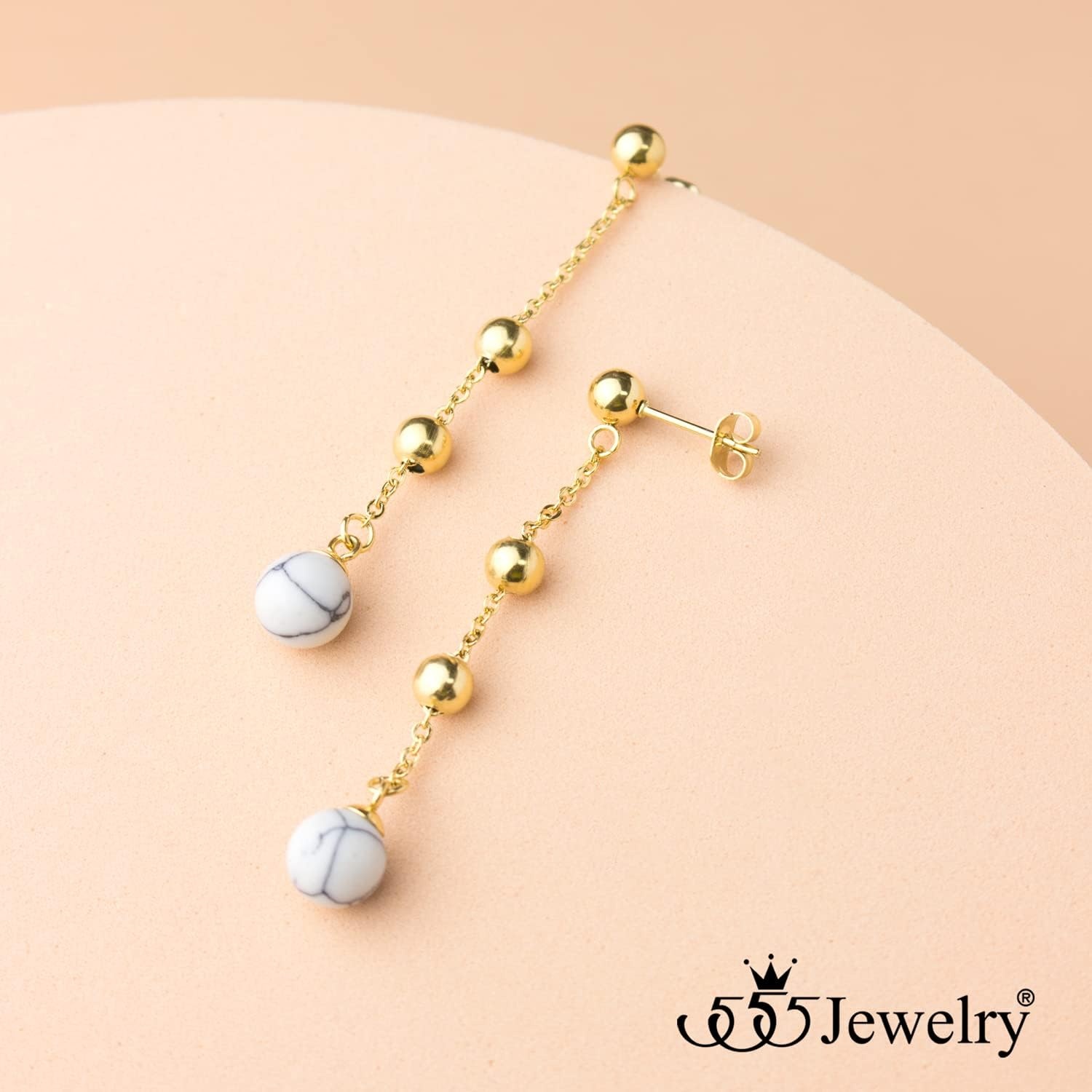 image:image555Jewelry Stainless Steel Beaded Dangle HowliteTurquoise Stud Earrings for WomenGold Howlite