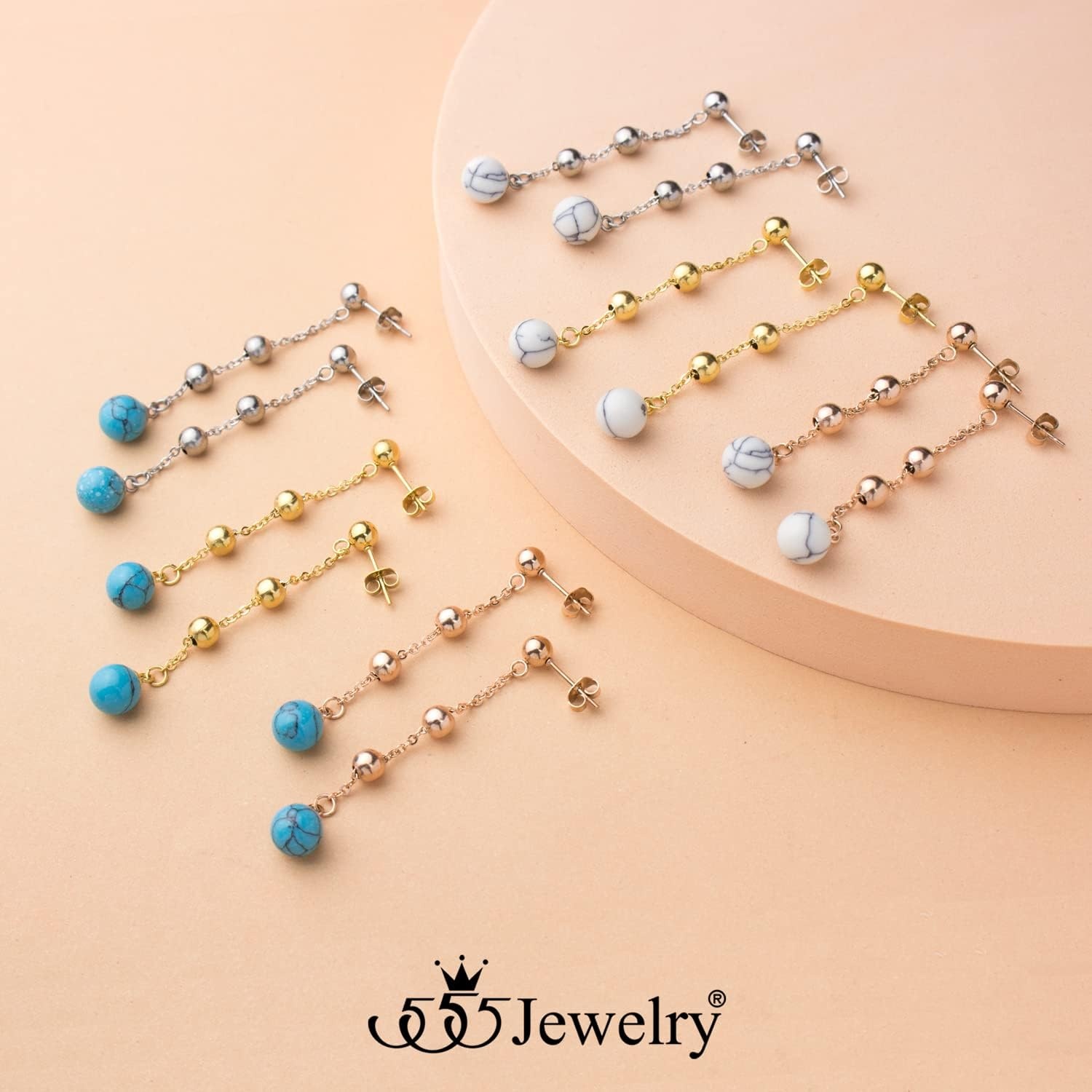 image:image555Jewelry Stainless Steel Beaded Dangle HowliteTurquoise Stud Earrings for WomenGold Howlite