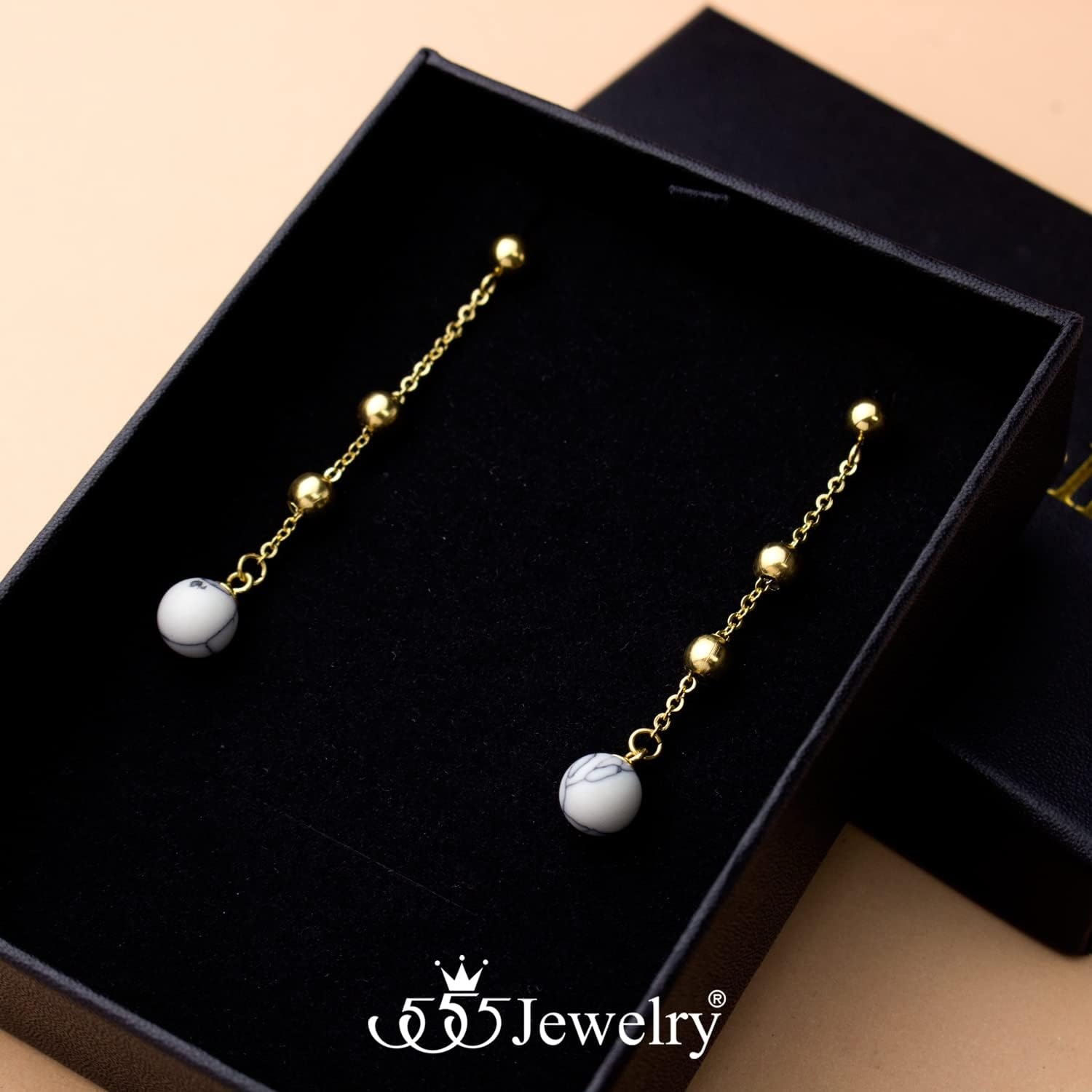 image:image555Jewelry Stainless Steel Beaded Dangle HowliteTurquoise Stud Earrings for WomenGold Howlite