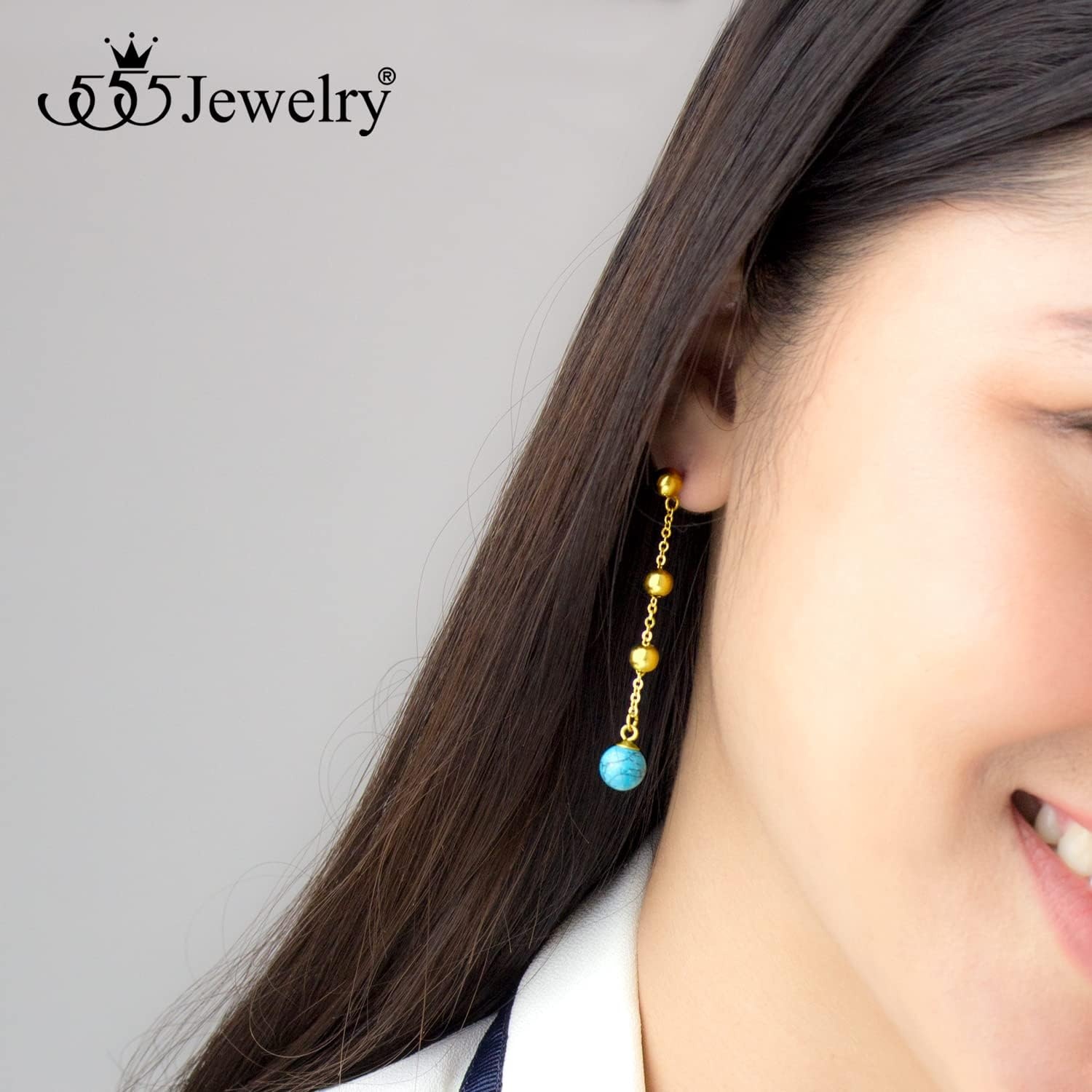 image:image555Jewelry Stainless Steel Beaded Dangle HowliteTurquoise Stud Earrings for WomenGold Turquoise