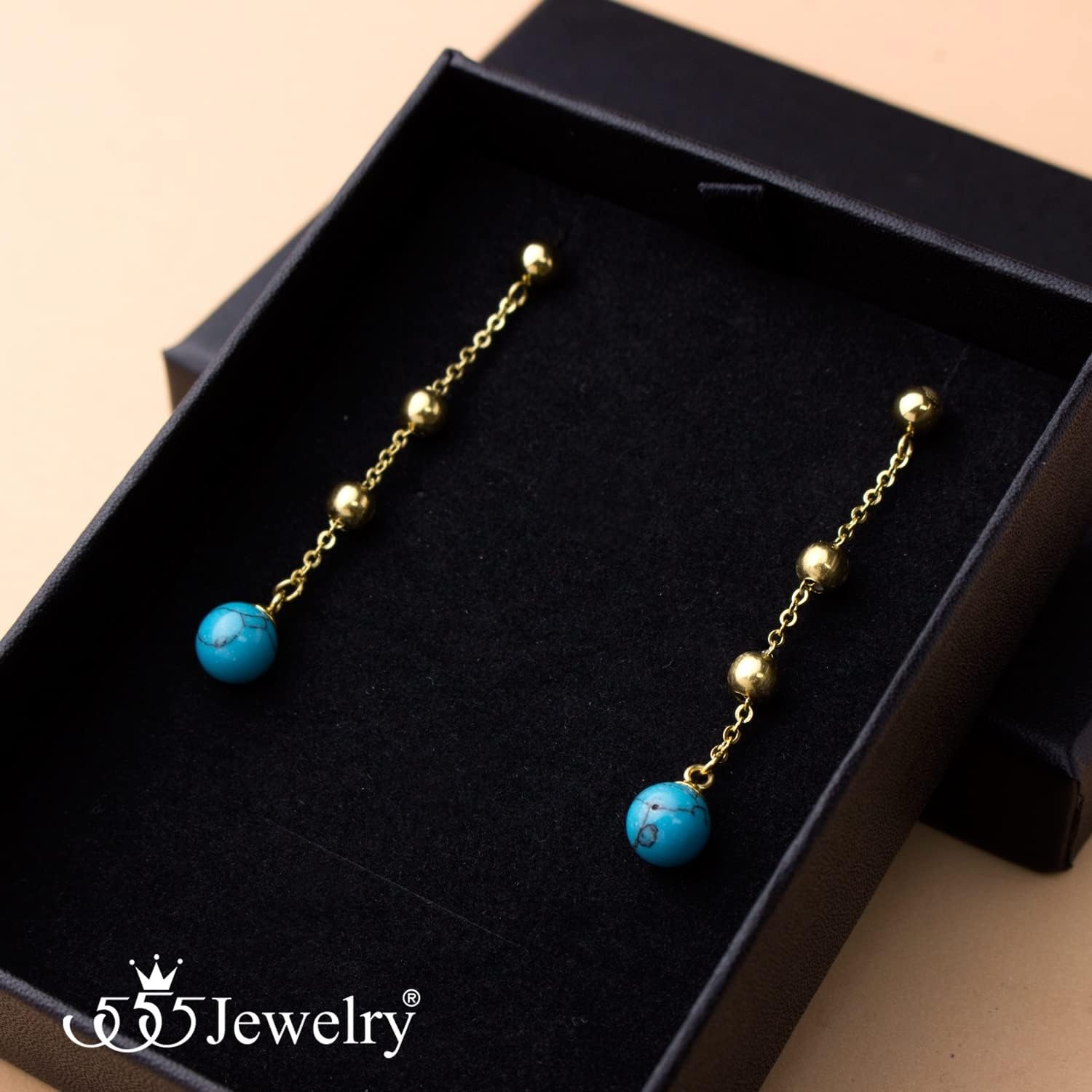 image:image555Jewelry Stainless Steel Beaded Dangle HowliteTurquoise Stud Earrings for WomenGold Turquoise