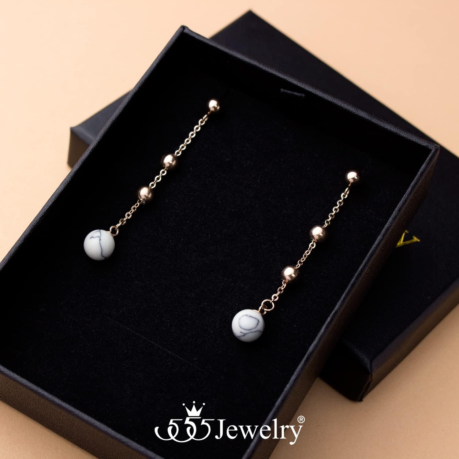 image:image555Jewelry Stainless Steel Beaded Dangle HowliteTurquoise Stud Earrings for WomenRose Gold Howlite