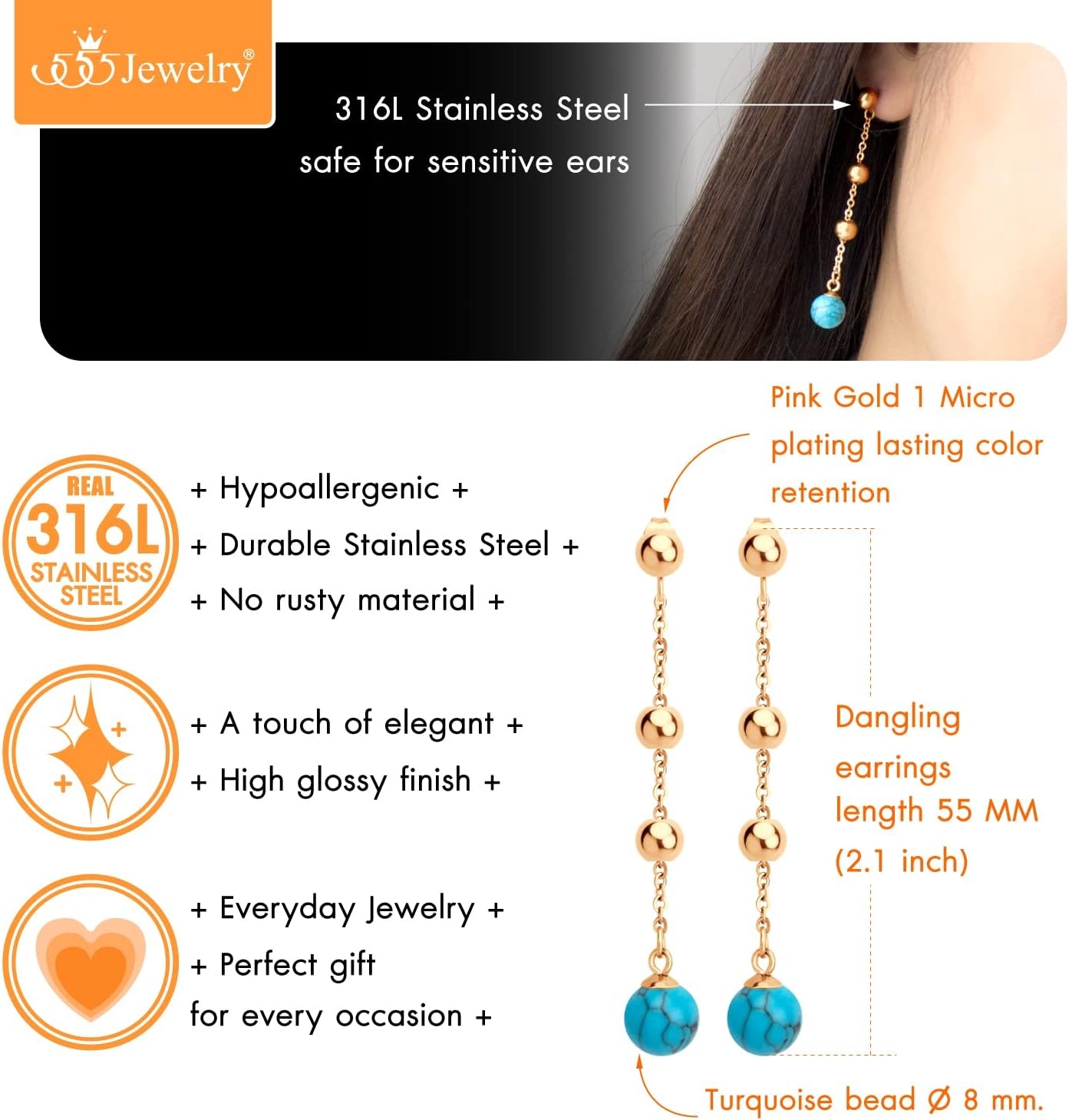 image:image555Jewelry Stainless Steel Beaded Dangle HowliteTurquoise Stud Earrings for WomenRose Gold Turquoise