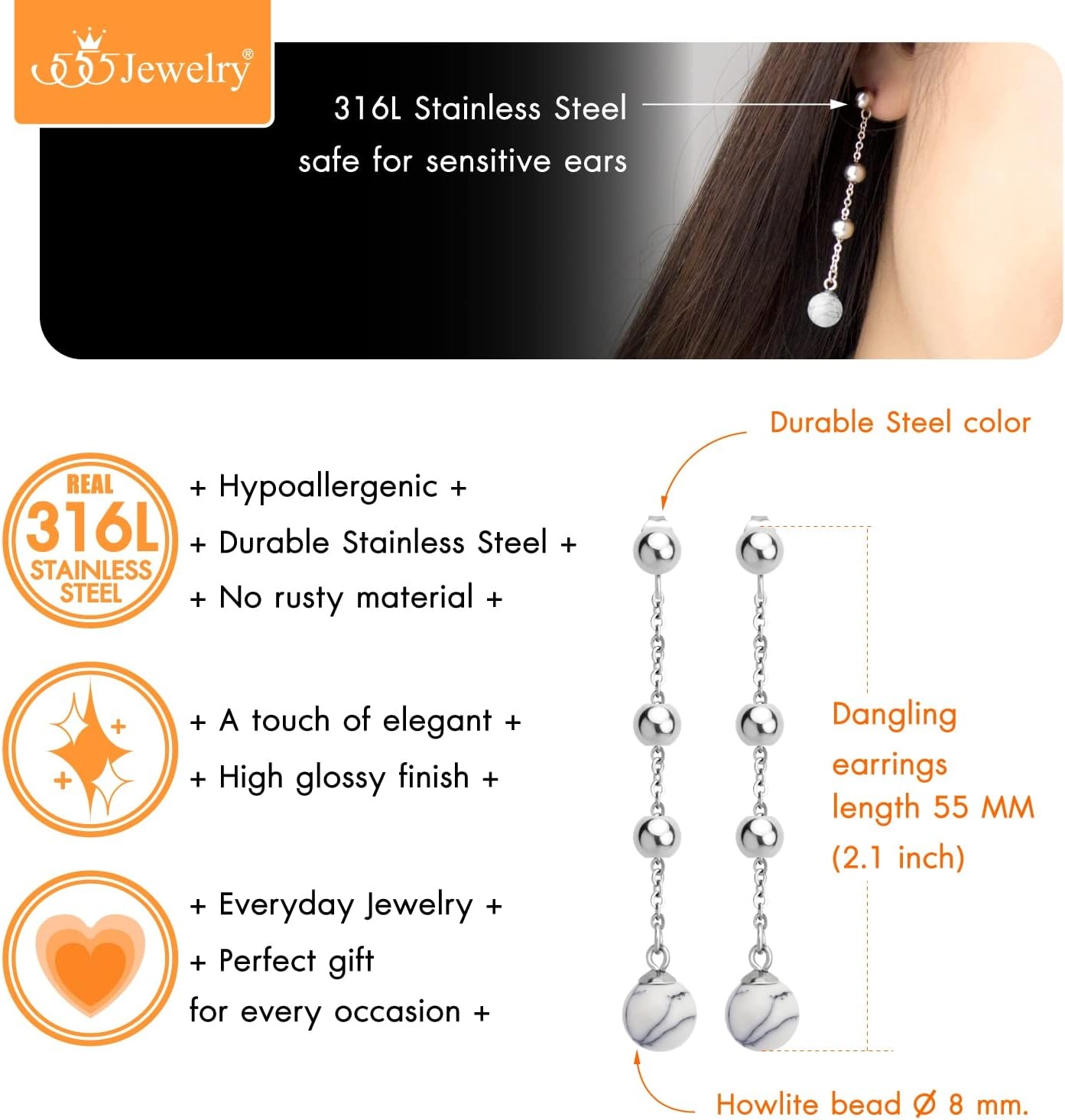 image:image555Jewelry Stainless Steel Beaded Dangle HowliteTurquoise Stud Earrings for WomenSilver Howlite