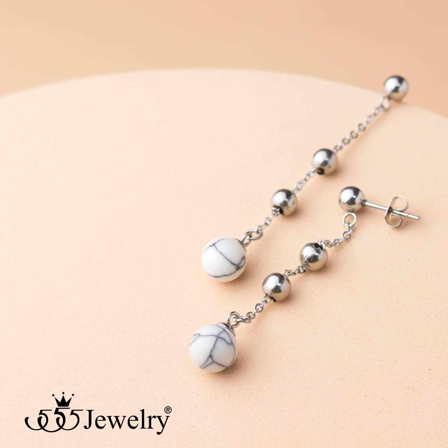 image:image555Jewelry Stainless Steel Beaded Dangle HowliteTurquoise Stud Earrings for WomenSilver Howlite
