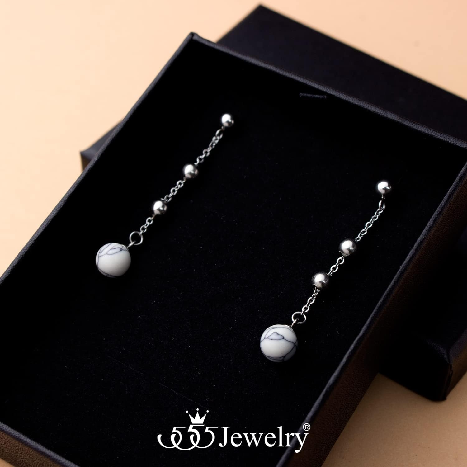image:image555Jewelry Stainless Steel Beaded Dangle HowliteTurquoise Stud Earrings for WomenSilver Howlite