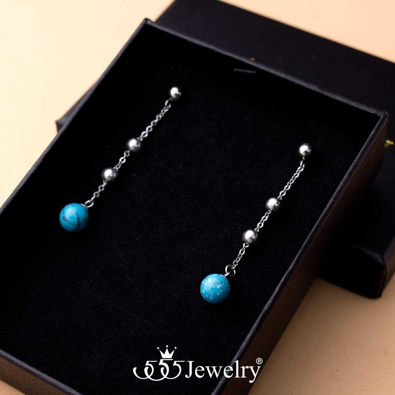 image:image555Jewelry Stainless Steel Beaded Dangle HowliteTurquoise Stud Earrings for WomenSilver Turquoise