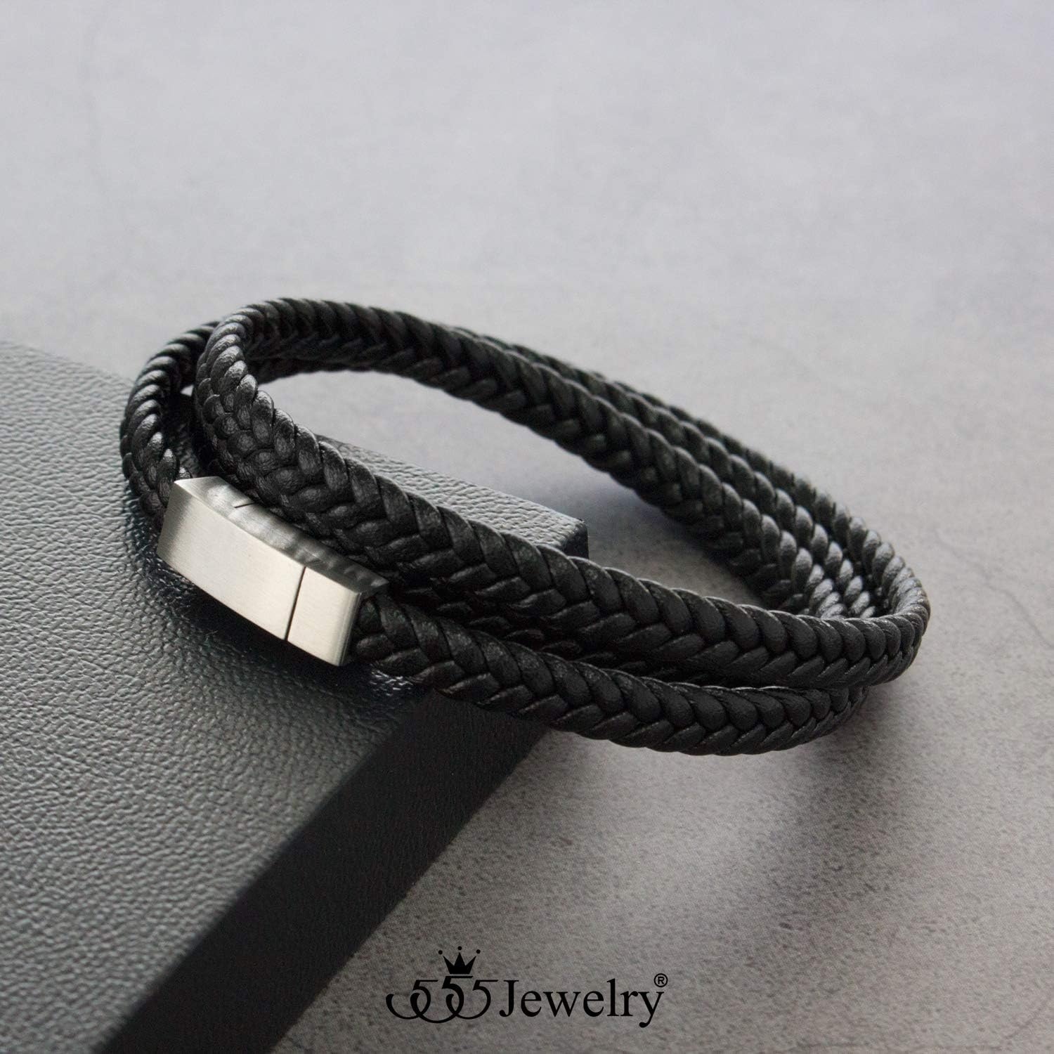 image:image555Jewelry Stainless Steel Braided Double Wrap Leather Twist Rope Chain Cord Adjustable Magnetic Clasp Simple Men Women Unisex Fashion Jewelry Accessory Bangle Bracelet Black amp Black 8 InchBlack Silver