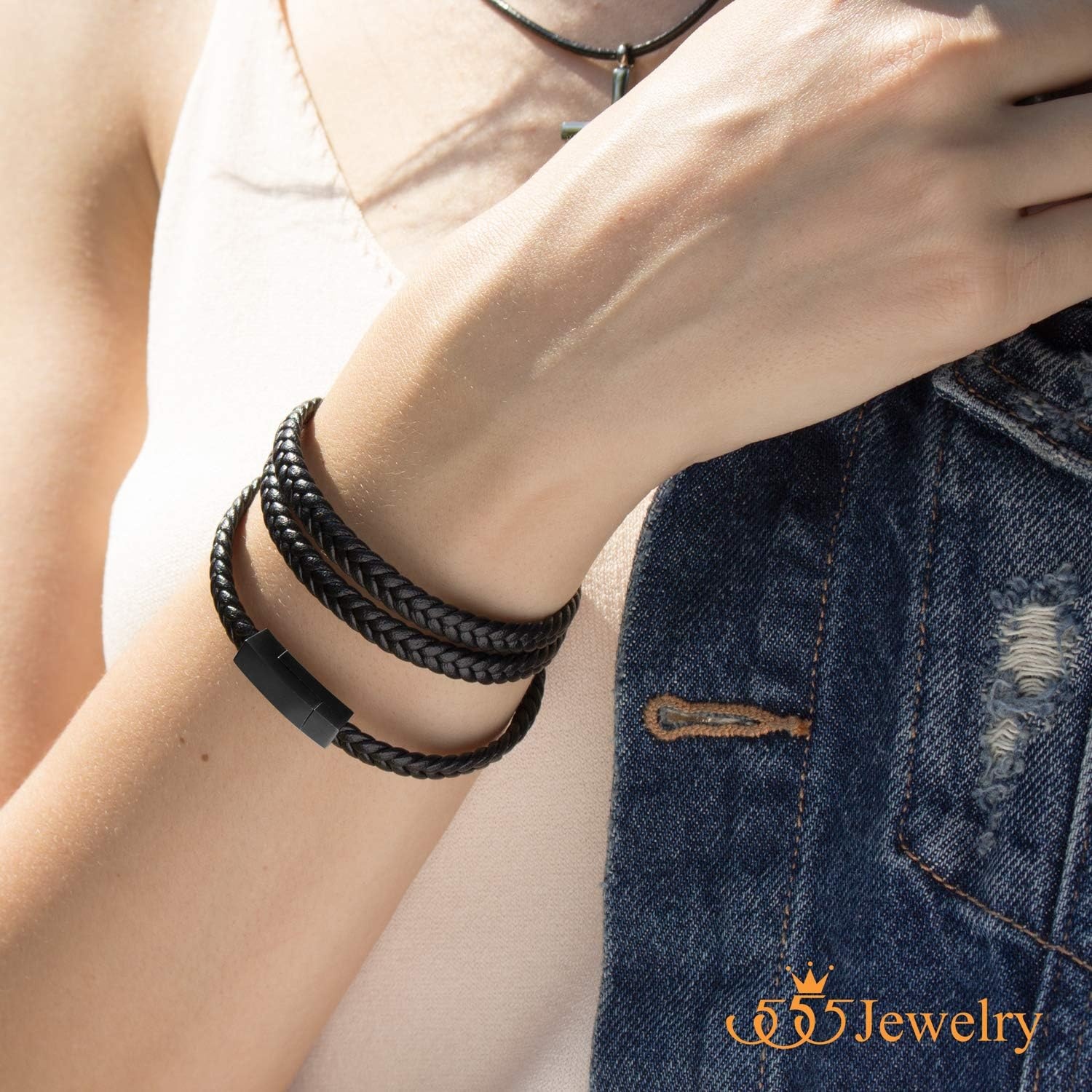 image:image555Jewelry Stainless Steel Braided Double Wrap Leather Twist Rope Chain Cord Adjustable Magnetic Clasp Simple Men Women Unisex Fashion Jewelry Accessory Bangle Bracelet Black amp Black 8 InchBlack Black