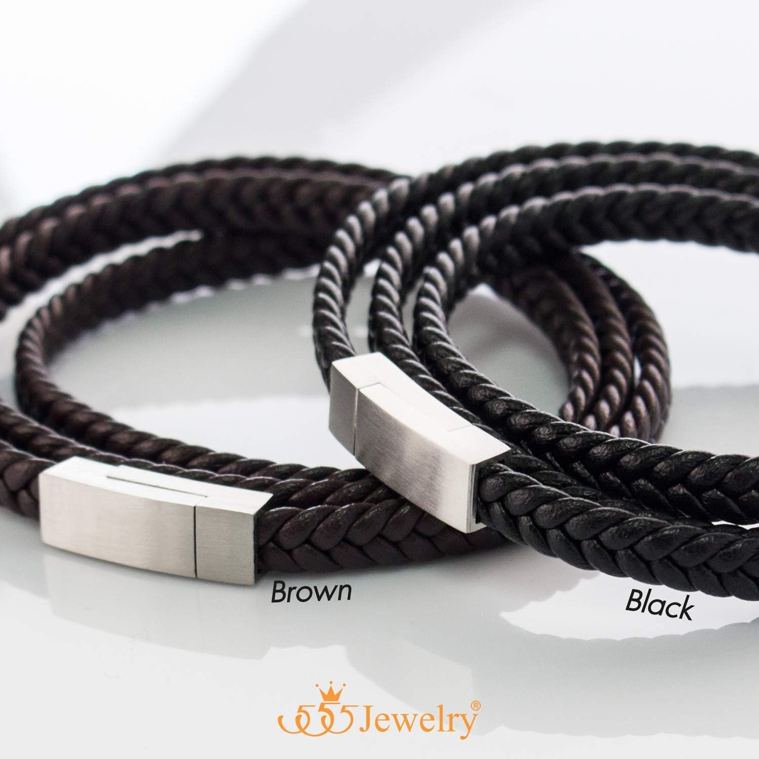 image:image555Jewelry Stainless Steel Braided Double Wrap Leather Twist Rope Chain Cord Adjustable Magnetic Clasp Simple Men Women Unisex Fashion Jewelry Accessory Bangle Bracelet Black amp Black 8 InchBlack Silver