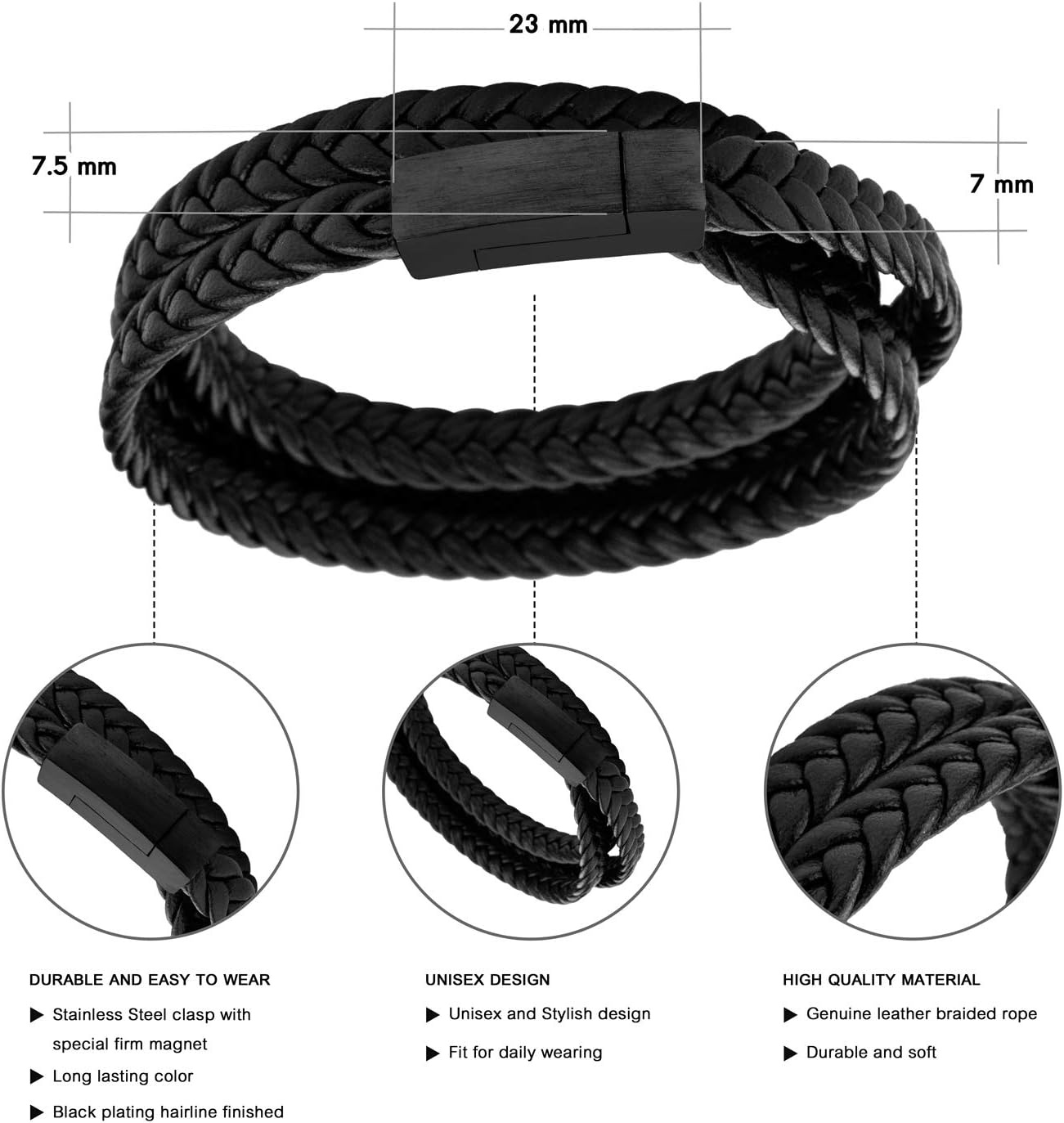 image:image555Jewelry Stainless Steel Braided Double Wrap Leather Twist Rope Chain Cord Adjustable Magnetic Clasp Simple Men Women Unisex Fashion Jewelry Accessory Bangle Bracelet Black amp Black 8 InchBlack Black