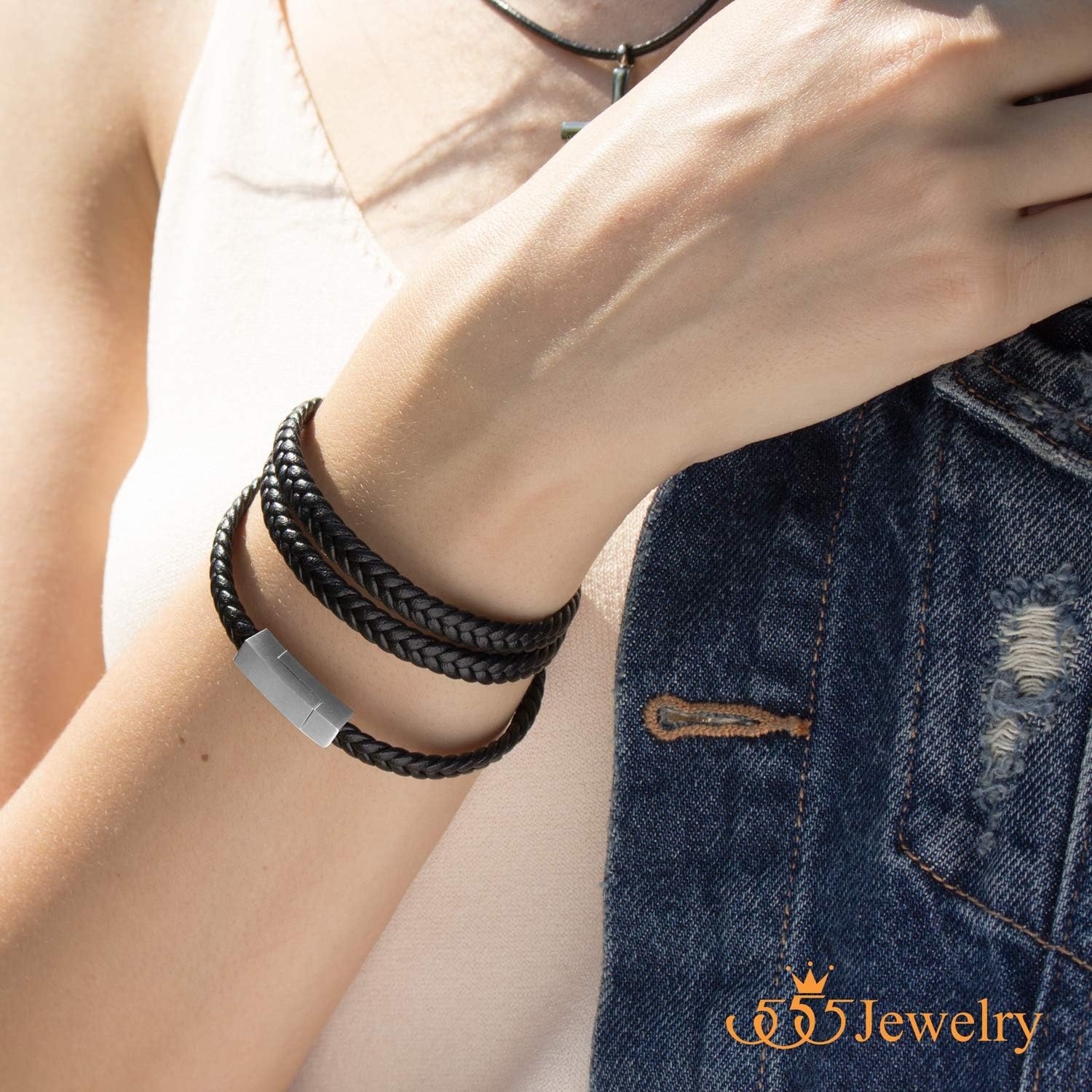 image:image555Jewelry Stainless Steel Braided Double Wrap Leather Twist Rope Chain Cord Adjustable Magnetic Clasp Simple Men Women Unisex Fashion Jewelry Accessory Bangle Bracelet Black amp Black 8 InchBlack Silver