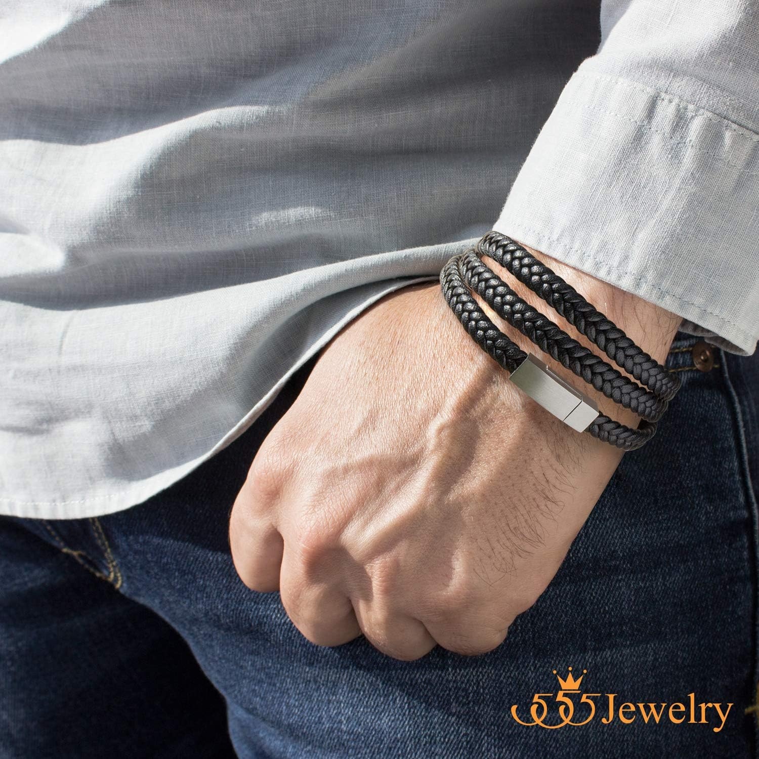 image:image555Jewelry Stainless Steel Braided Double Wrap Leather Twist Rope Chain Cord Adjustable Magnetic Clasp Simple Men Women Unisex Fashion Jewelry Accessory Bangle Bracelet Black amp Black 8 InchBlack Silver