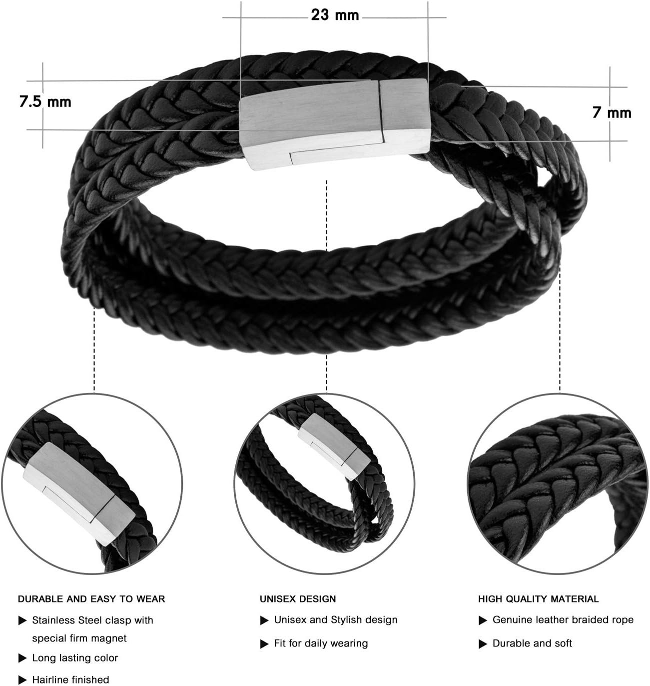 image:image555Jewelry Stainless Steel Braided Double Wrap Leather Twist Rope Chain Cord Adjustable Magnetic Clasp Simple Men Women Unisex Fashion Jewelry Accessory Bangle Bracelet Black amp Black 8 InchBlack Silver