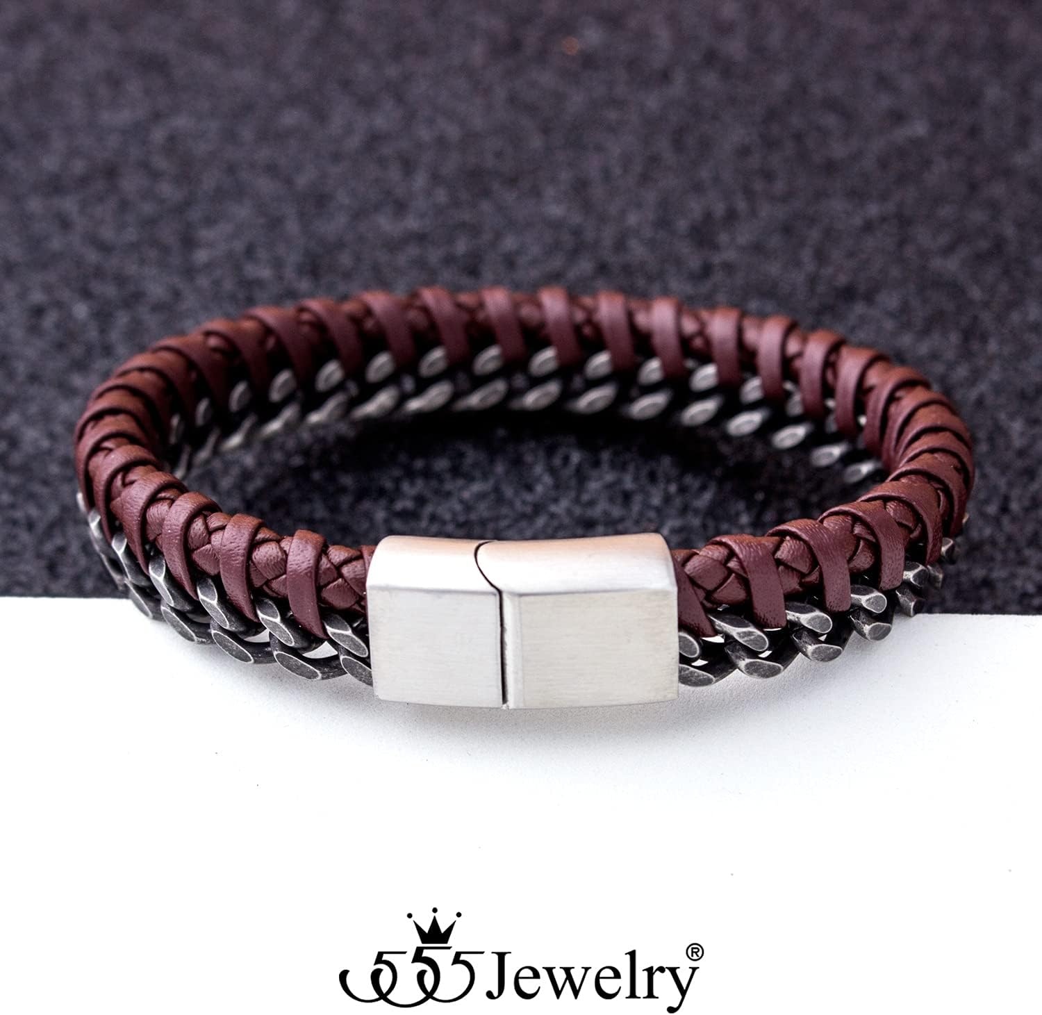 image:image555Jewelry Stainless Steel Braided Leather amp Cuban Link Chain Bracelet for MenBrown Leather Silver Clasp