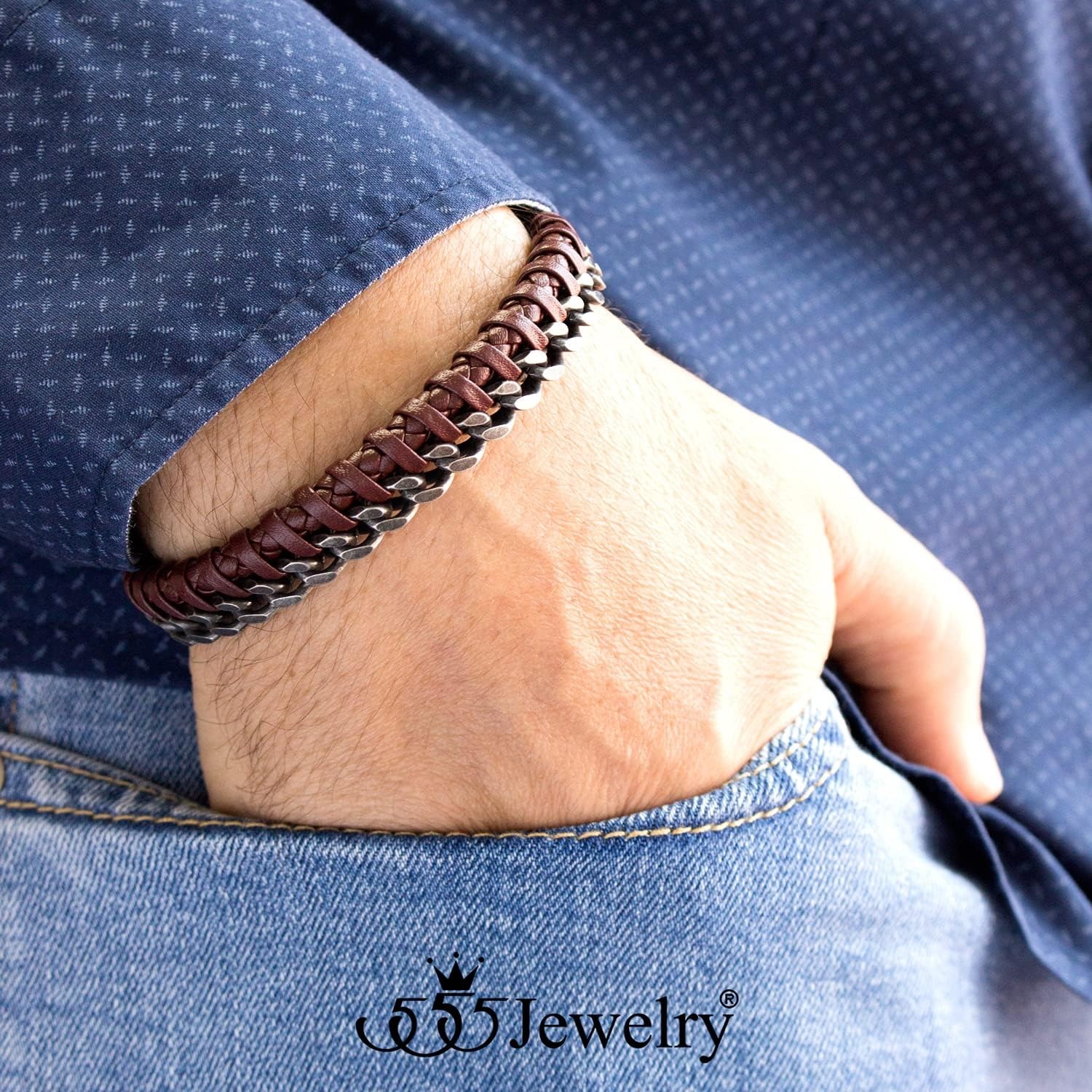 image:image555Jewelry Stainless Steel Braided Leather amp Cuban Link Chain Bracelet for MenBrown Leather Silver Clasp