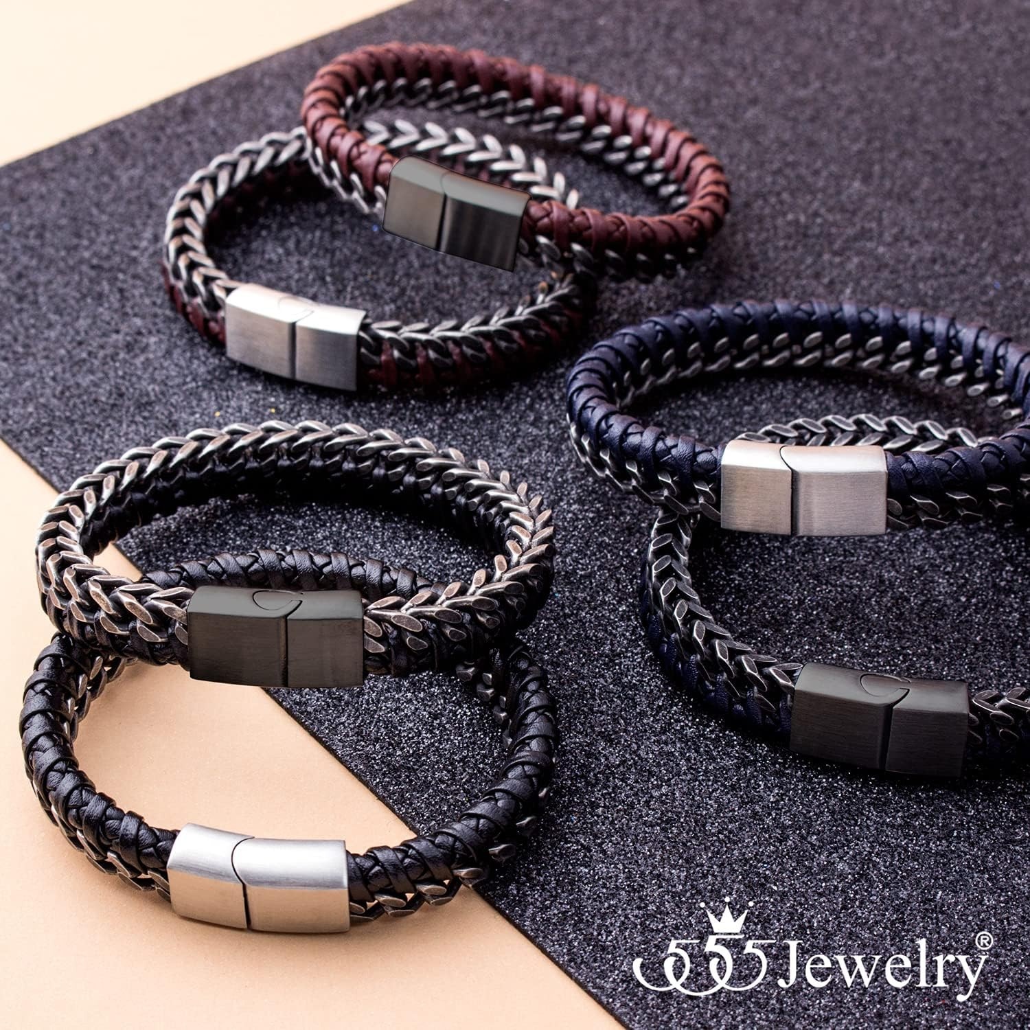 image:image555Jewelry Stainless Steel Braided Leather amp Cuban Link Chain Bracelet for MenBrown Leather Silver Clasp
