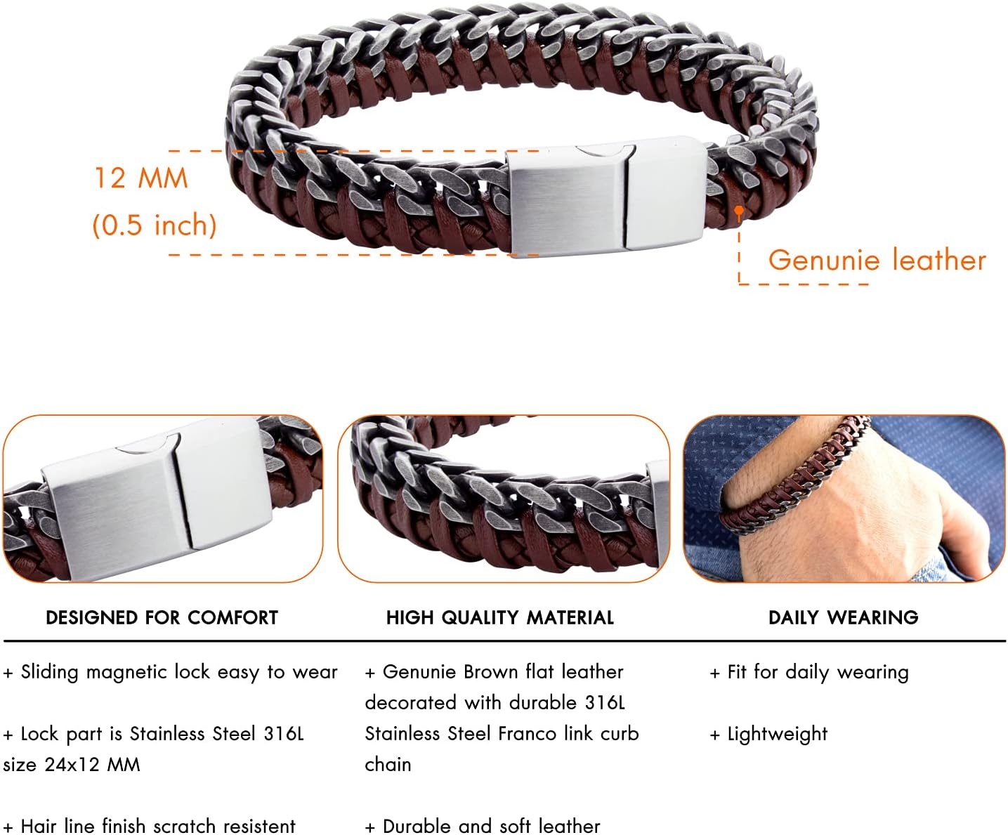 image:image555Jewelry Stainless Steel Braided Leather amp Cuban Link Chain Bracelet for MenBrown Leather Silver Clasp