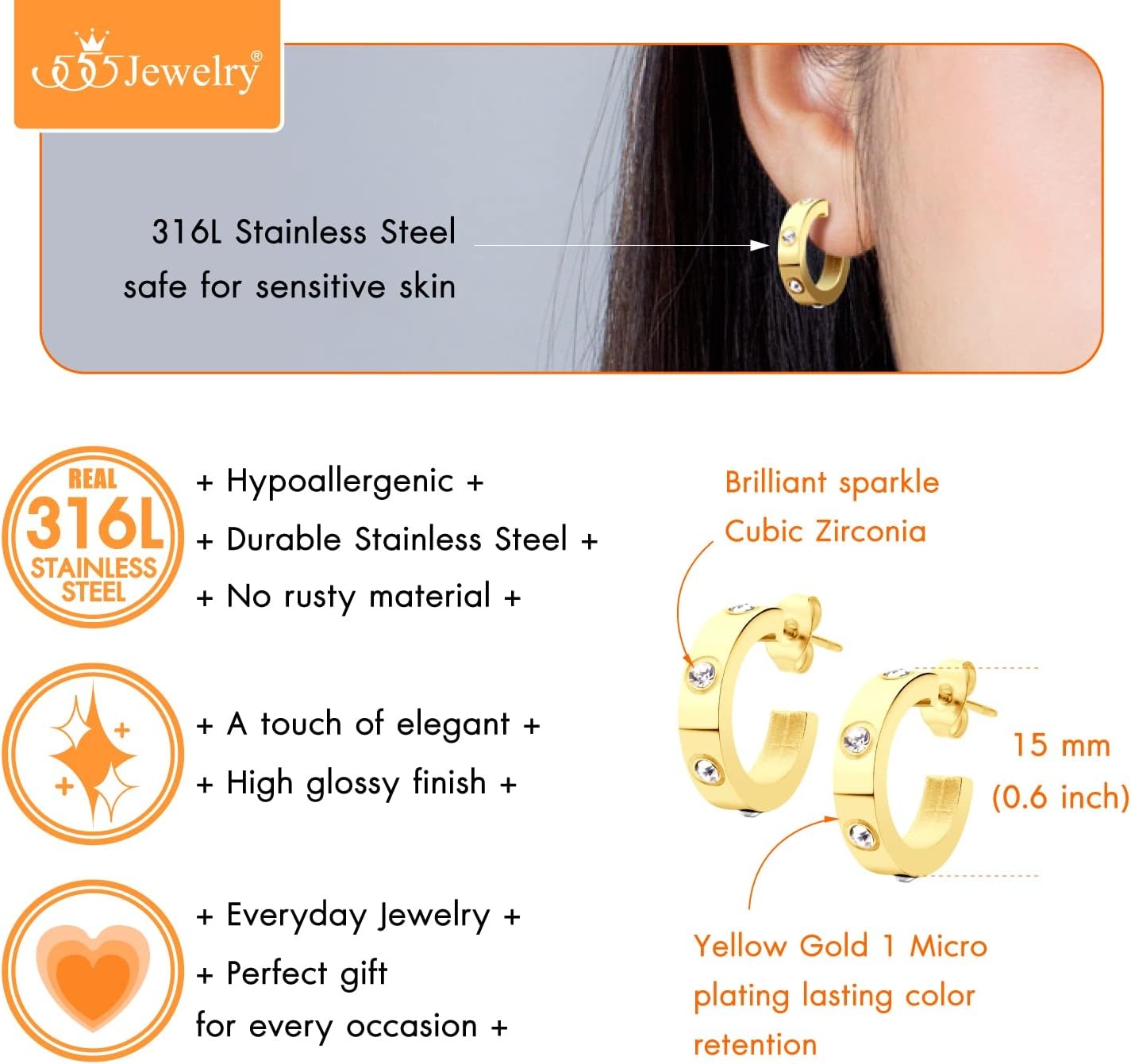 image:image555Jewelry Stainless Steel CZ Huggie Open Hoop Earrings for Women amp LadiesGold