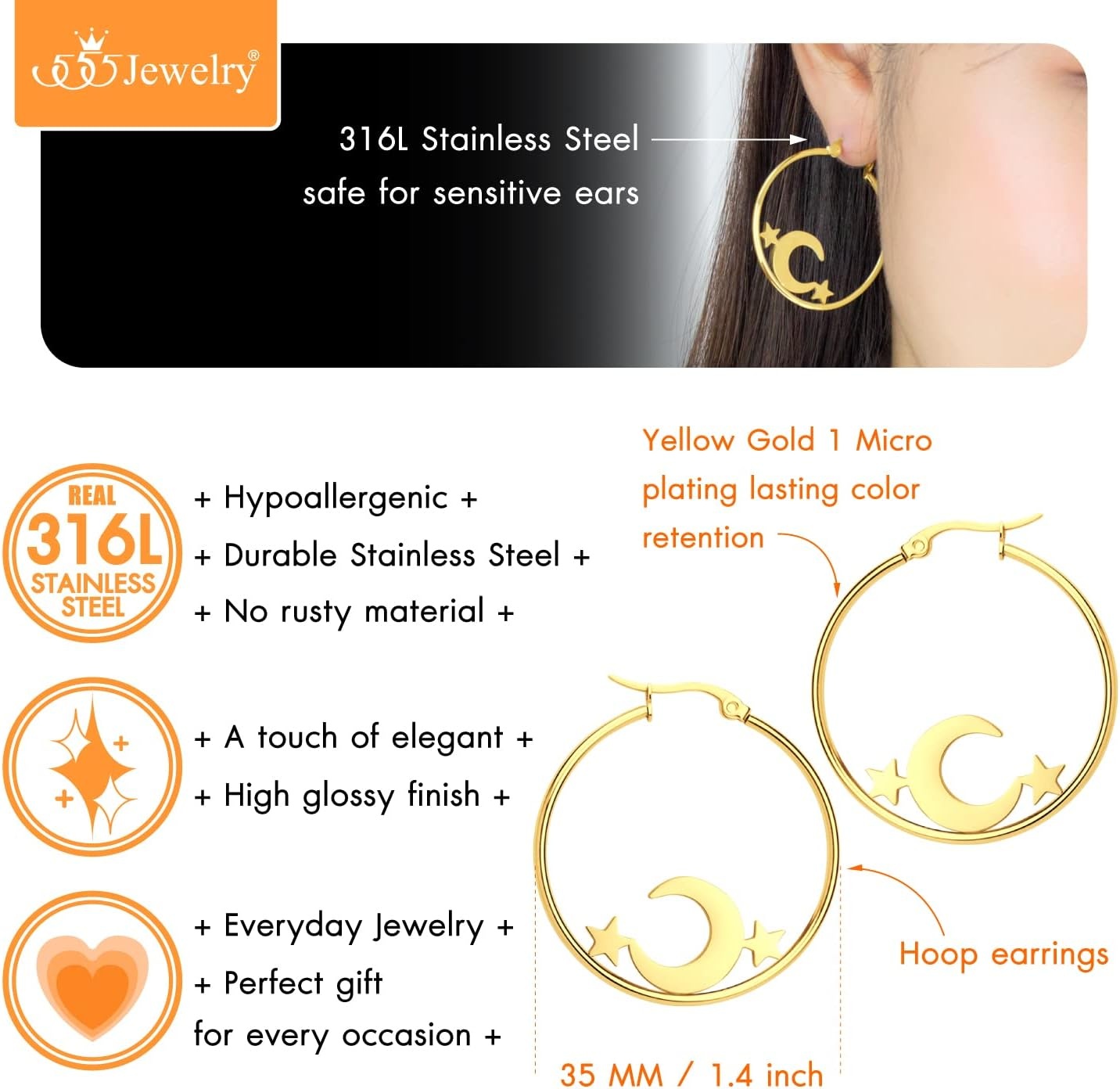 image:image555Jewelry Stainless Steel Celestial Moon amp Stars Hoop Earrings for Women amp LadiesGold