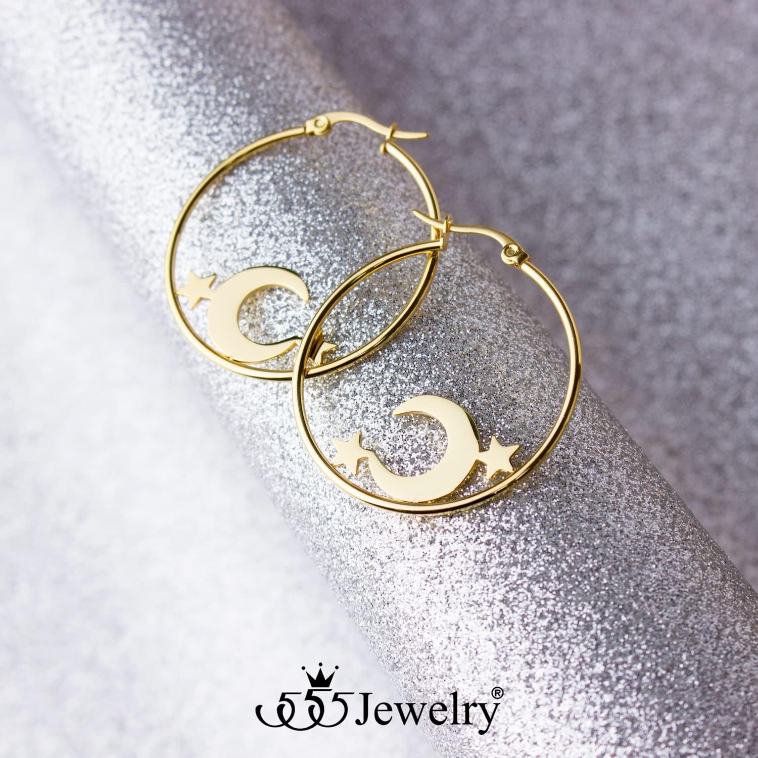 image:image555Jewelry Stainless Steel Celestial Moon amp Stars Hoop Earrings for Women amp LadiesGold