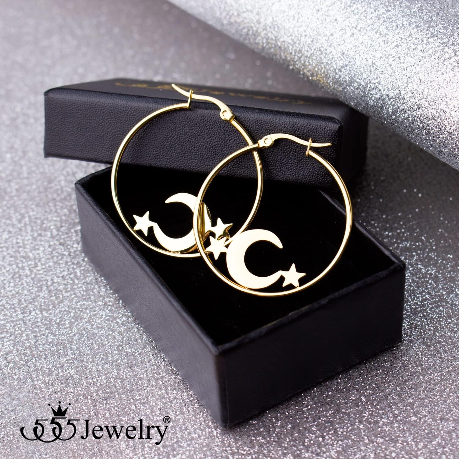 image:image555Jewelry Stainless Steel Celestial Moon amp Stars Hoop Earrings for Women amp LadiesGold