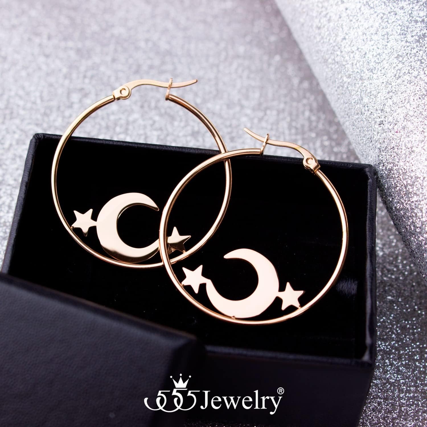 image:image555Jewelry Stainless Steel Celestial Moon amp Stars Hoop Earrings for Women amp LadiesRose Gold