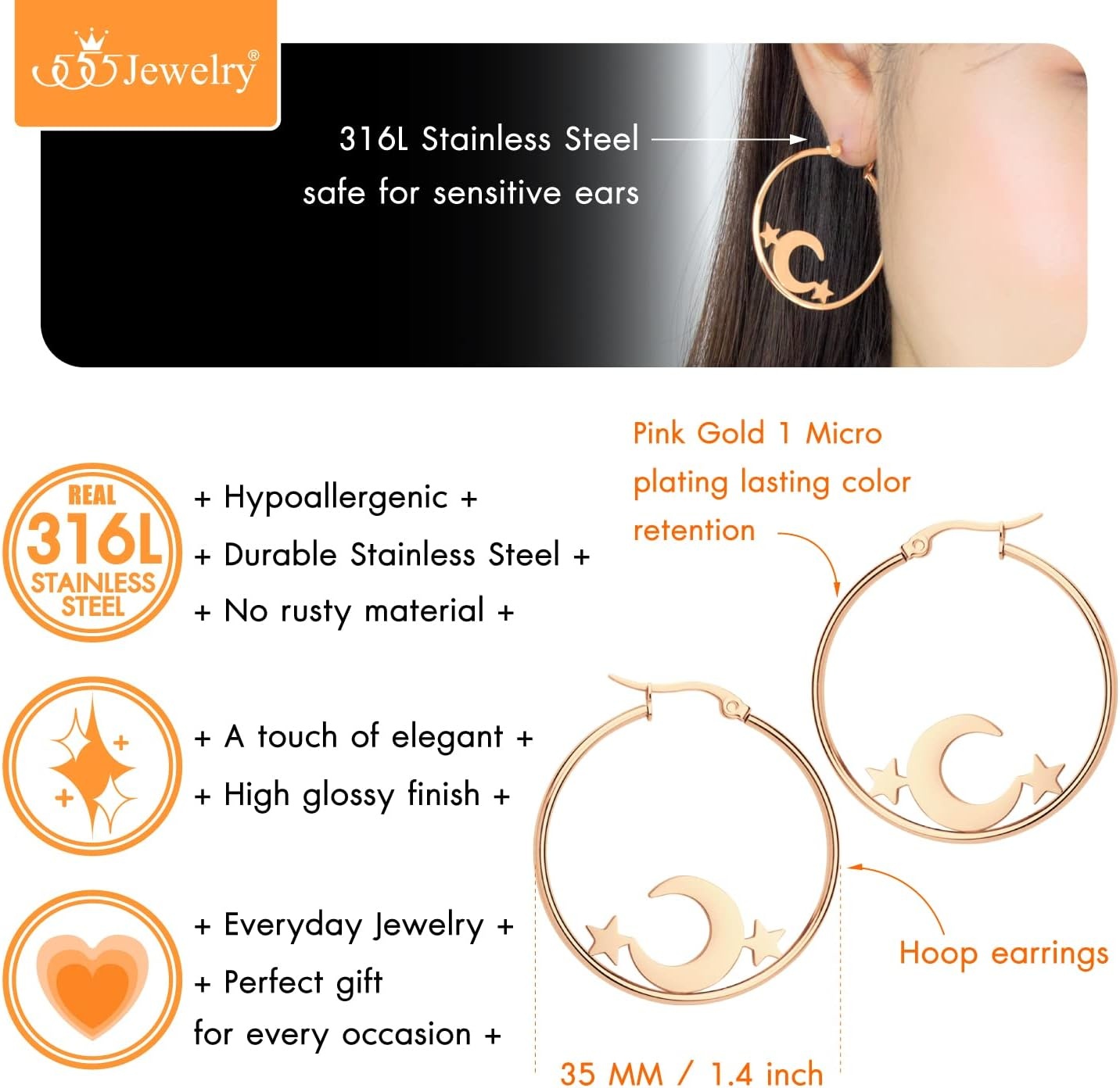 image:image555Jewelry Stainless Steel Celestial Moon amp Stars Hoop Earrings for Women amp LadiesRose Gold