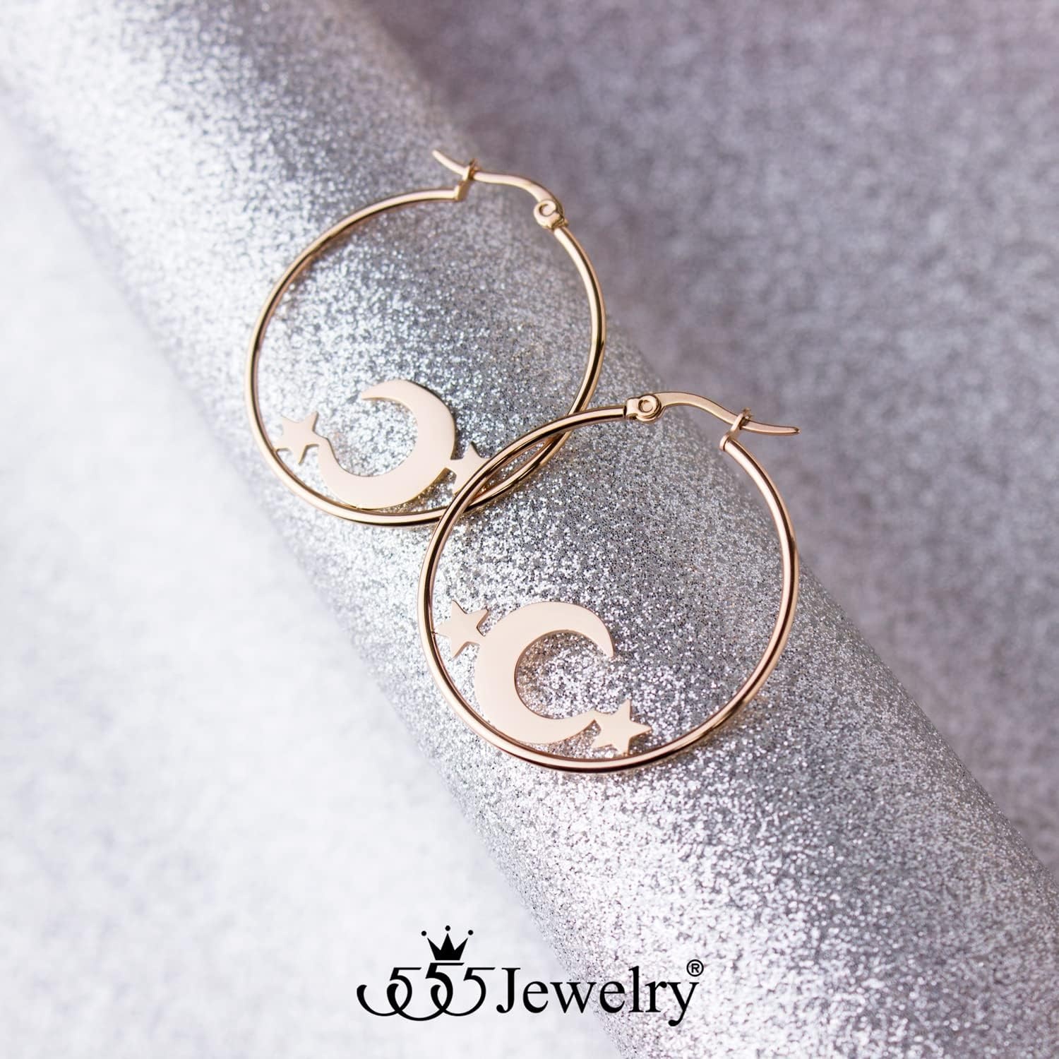 image:image555Jewelry Stainless Steel Celestial Moon amp Stars Hoop Earrings for Women amp LadiesRose Gold