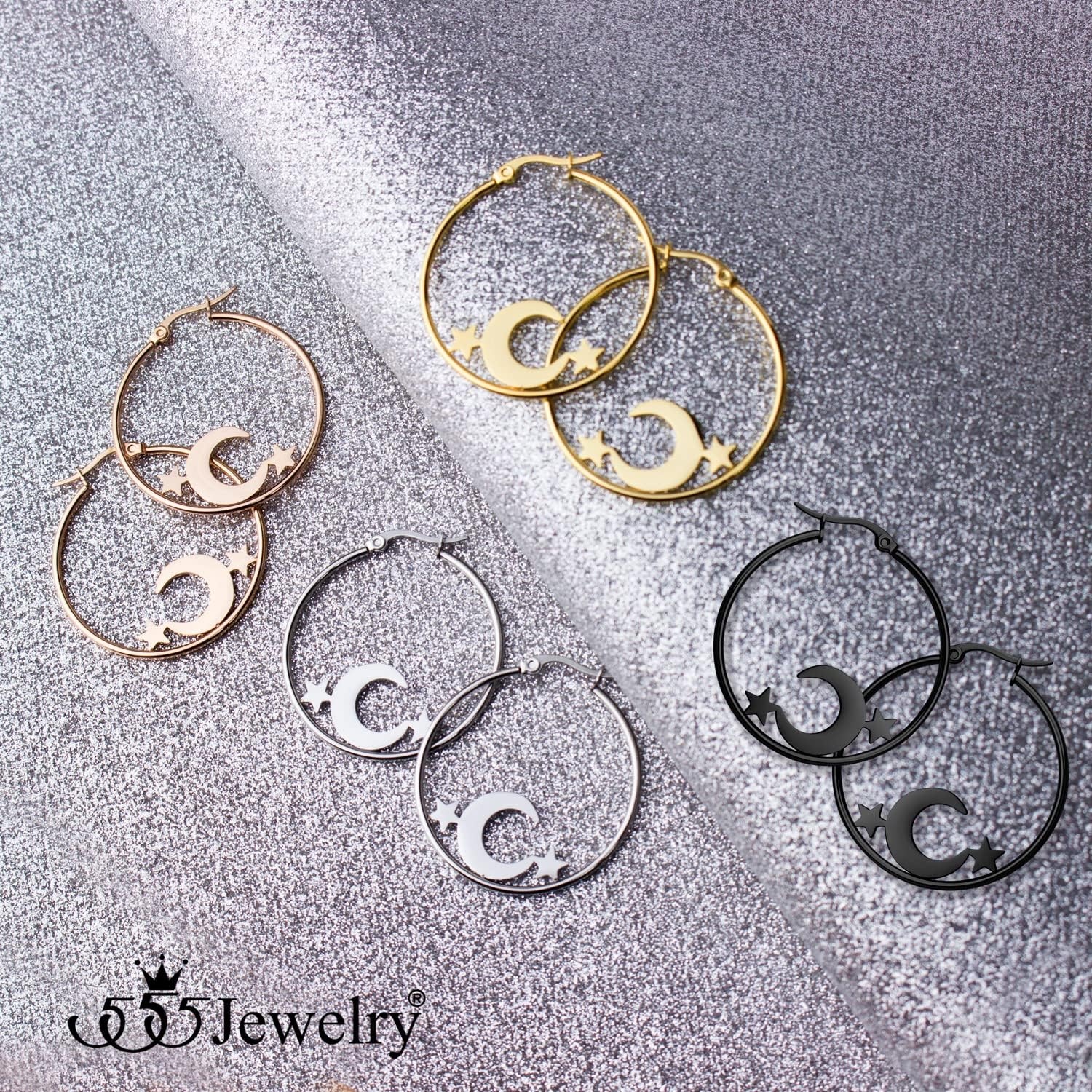 image:image555Jewelry Stainless Steel Celestial Moon amp Stars Hoop Earrings for Women amp LadiesRose Gold