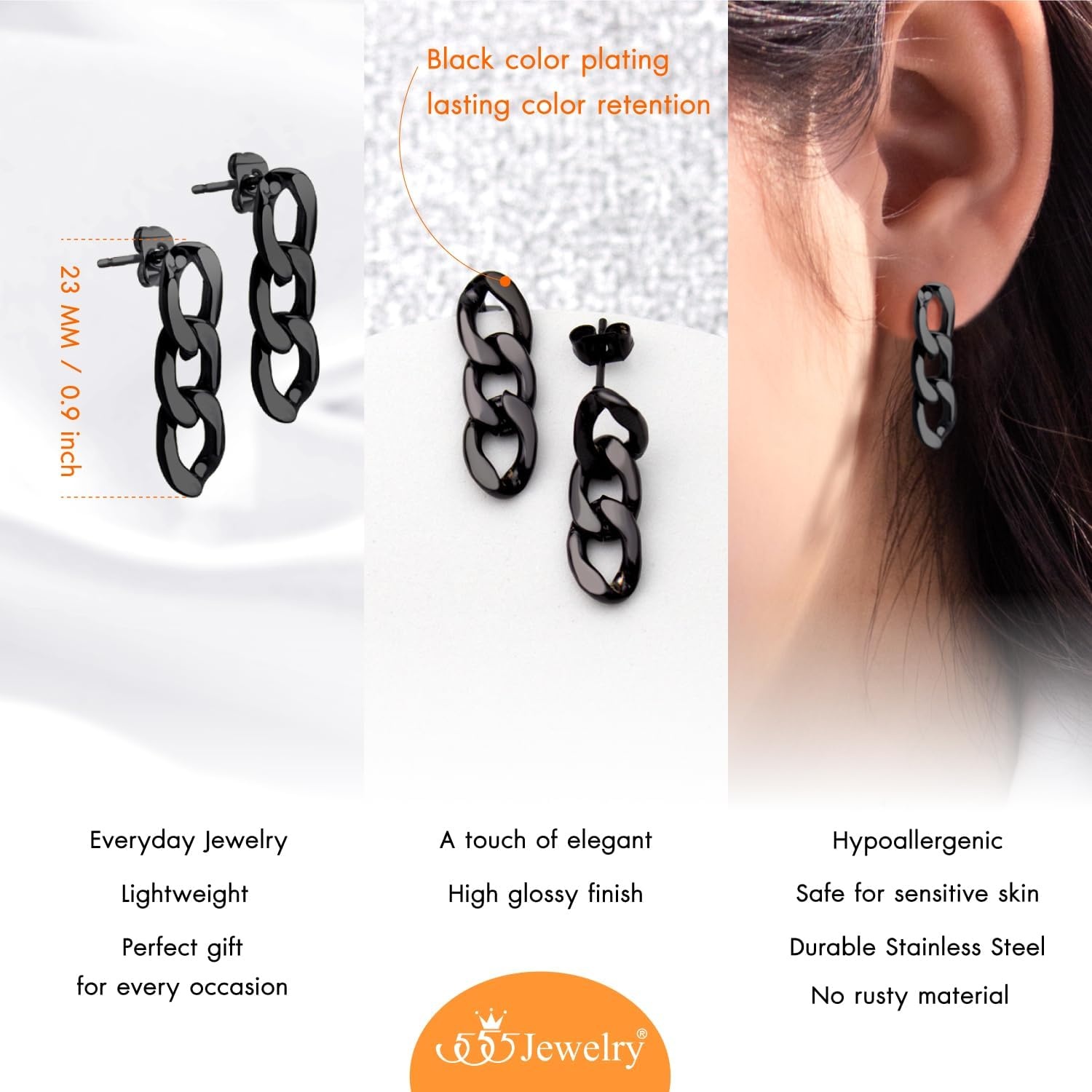 image:image555Jewelry Stainless Steel Cuban Link Chain Stud Earrings for Women amp LadiesBlack