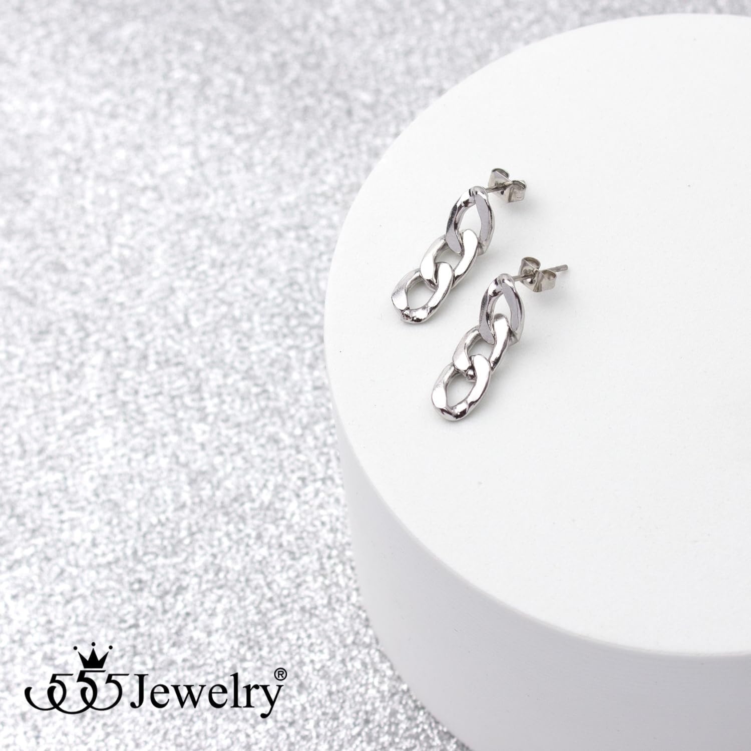 image:image555Jewelry Stainless Steel Cuban Link Chain Stud Earrings for Women amp LadiesSilver