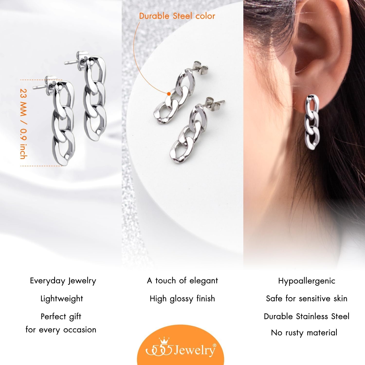 image:image555Jewelry Stainless Steel Cuban Link Chain Stud Earrings for Women amp LadiesSilver