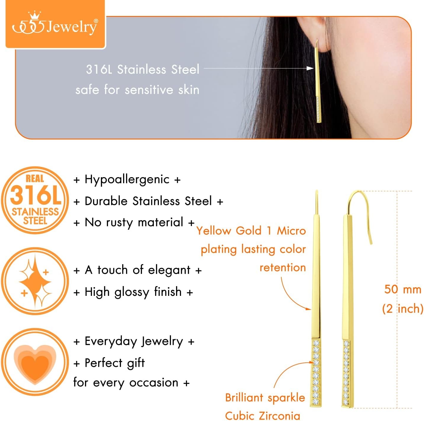 image:image555Jewelry Stainless Steel Cubic Zirconia Drop Bar Earrings for Women amp LadiesGold