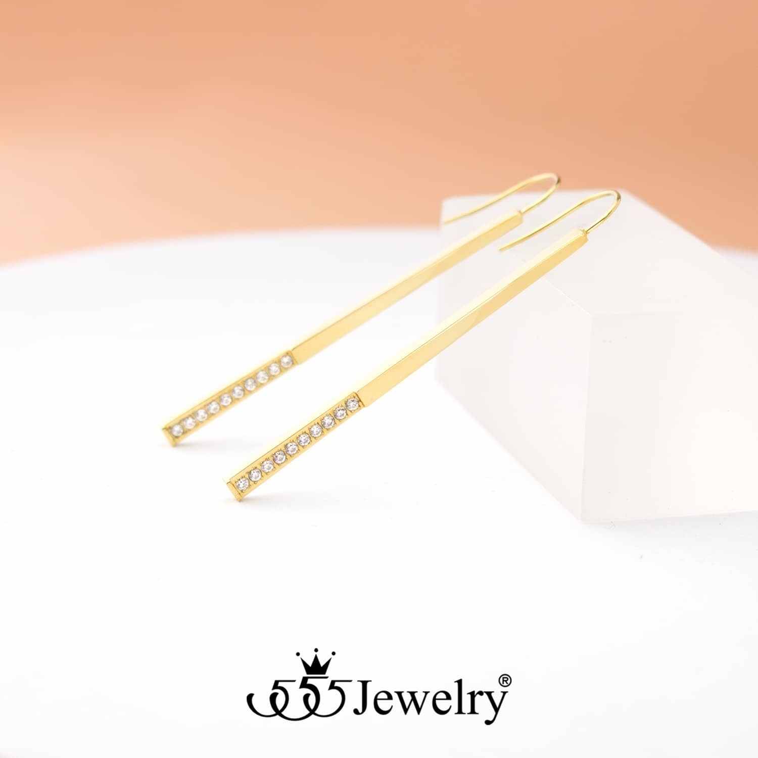 image:image555Jewelry Stainless Steel Cubic Zirconia Drop Bar Earrings for Women amp LadiesGold